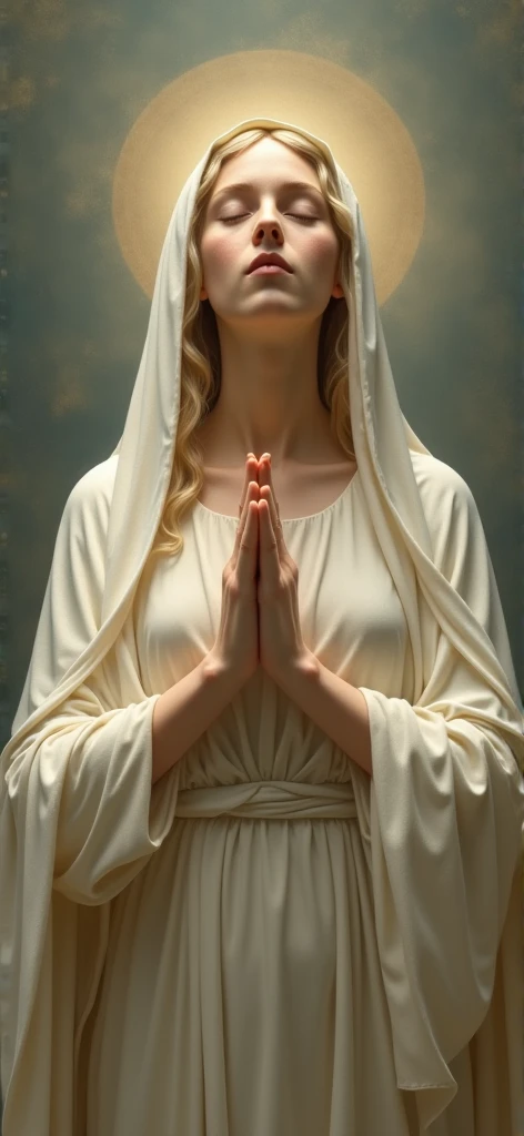 A young and beautiful Virgin Mary with open arms and downcast eyes looking down、((Sheer white tunic、See-through pubic hair:1.9))、Light blue cloak and veil