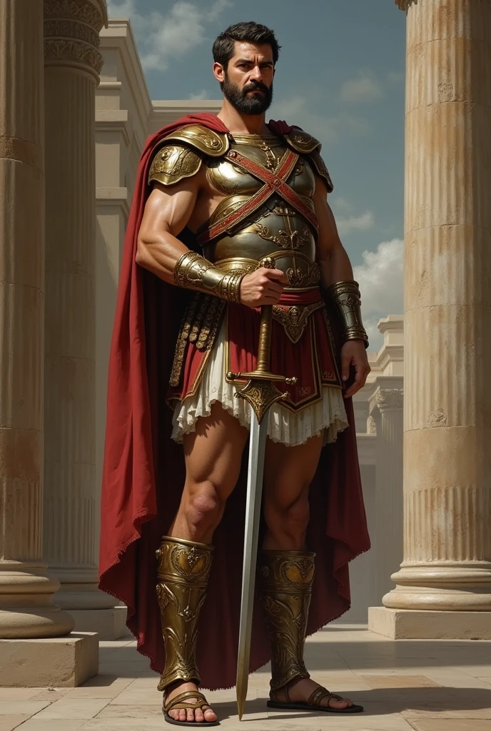 masterpiece, detailed, intricate, epic fantasy, colorful, full body, slight angle, man, 50 years old, hulking, brawny, fitted, ankle wraps, very hairy chest, skimpy revealing outfit, receding hairline, smirk, gladiator, with a sword, blades, big ancient city background, pointing away, depth of field, particle effects, high quality shadows