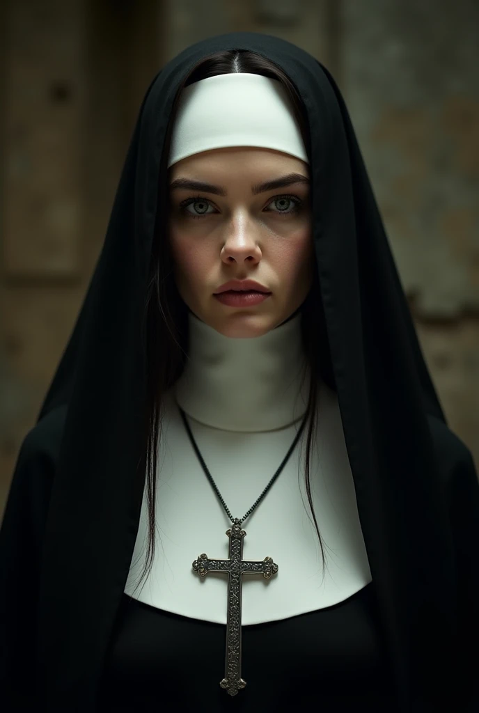 poster of a horror movie The Nun, sign that says "The NUN" is written in blood, illustrated,highres,(dark,spooky) atmosphere,scary,claustrophobic nun's face,holy cross,creepy background,menacing shadows,eerie lighting,extremely detailed wrinkles,gloomy color palette,tattered nun's habit,terrifying eyes,long claws