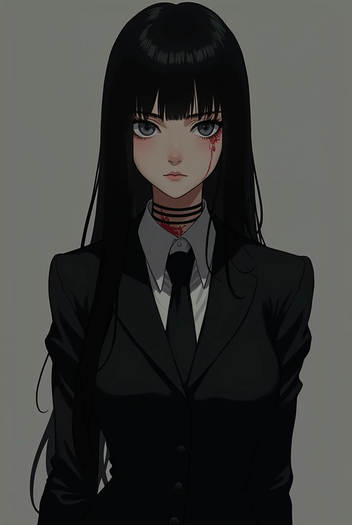 Anime girl in prison chained black and white horizontal stripes jumpsuit