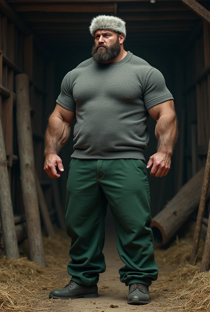 Create a full-body photo-realistic image of Fred Flinstone as if he were a real man. He should have stubble on his face. He should be working in a rock quarry. Make it ultra-realistic.