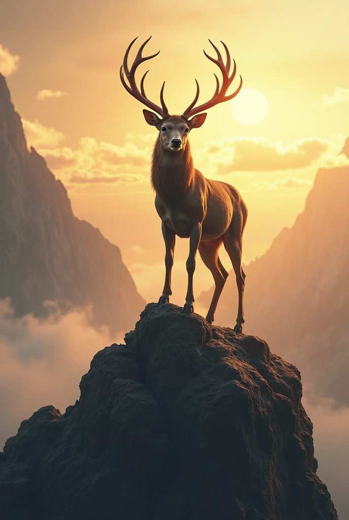 "A hyper-realistic image of a majestic deer with large antlers standing atop a pile of human skulls. The scene is set against a dramatic sky, with the deer gazing proudly into the distance. The skulls are scattered beneath the deer's hooves, adding a sense of power and dominance to the image.