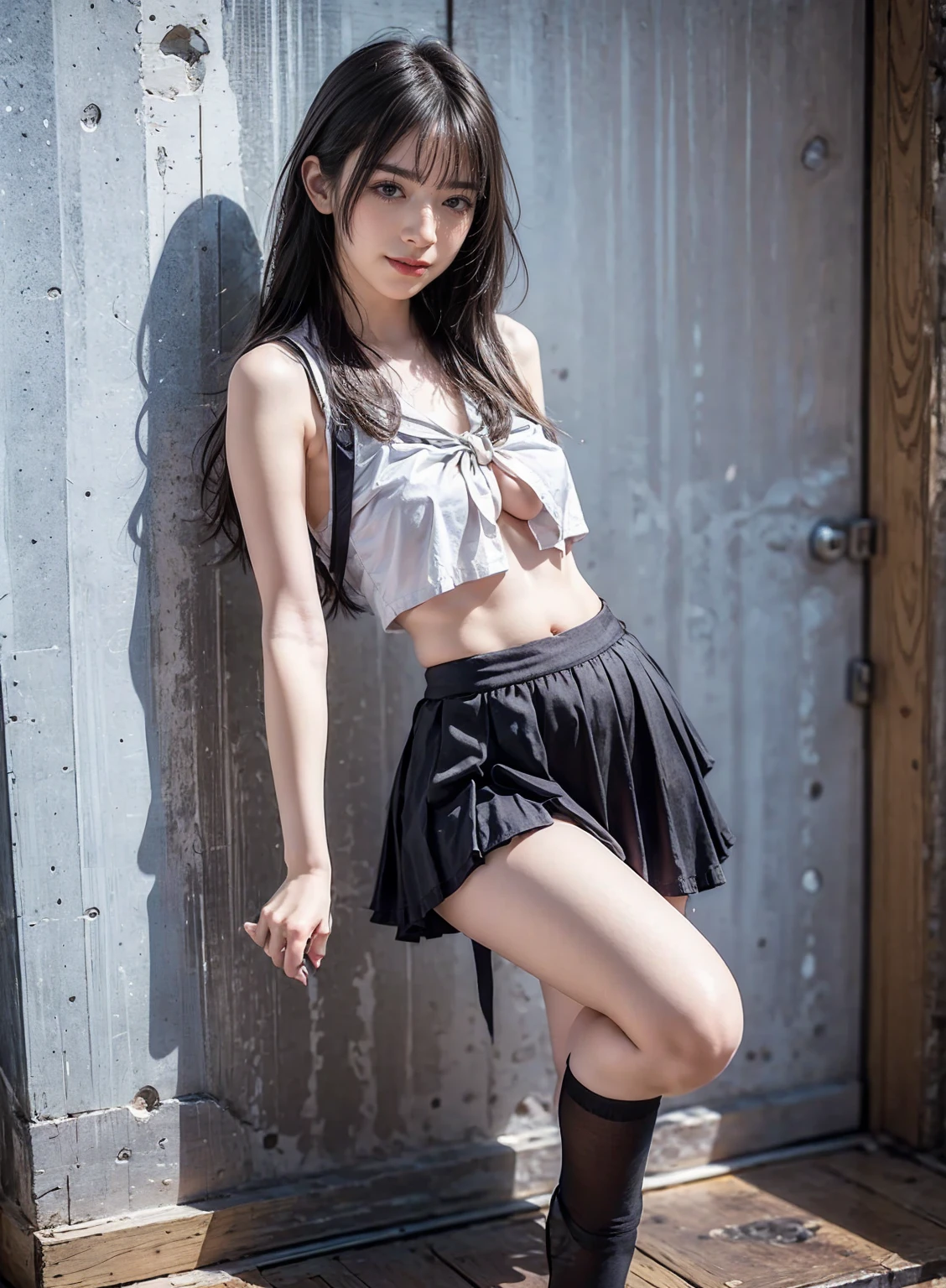 1girl in, Best Quality, standing split, Spread legs, Smile, medium breasts, small hip, pale skin, vaginal, Pubic hair, underboob, Slim body, Ponytail, 18 years old, very short pleated miniskirt, zettai ryouiki