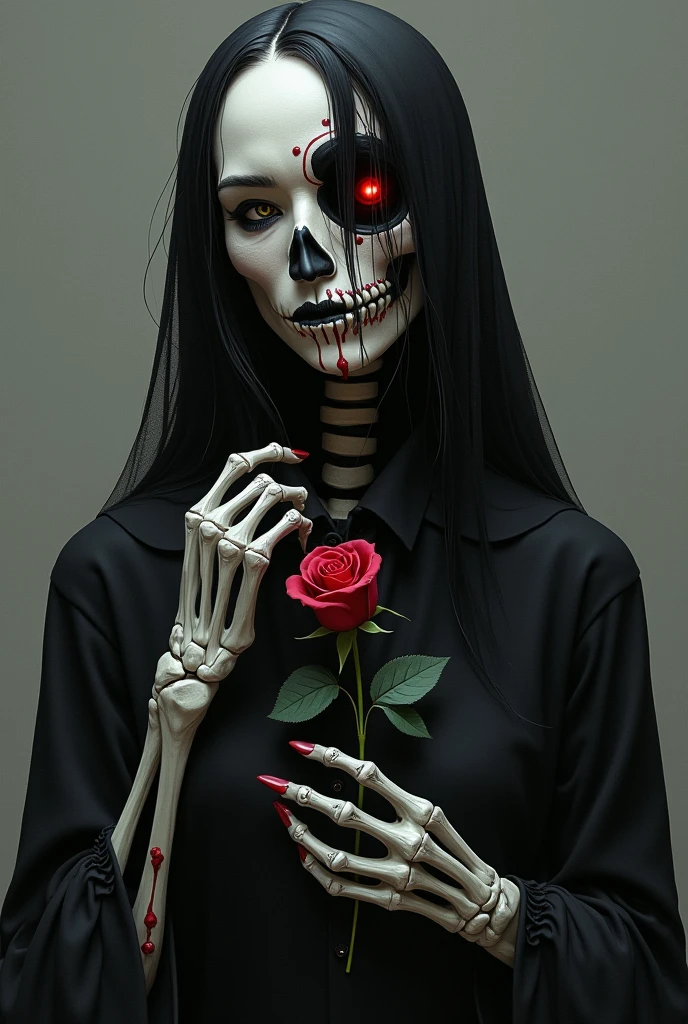 Skull holding a rose with one hand on its side