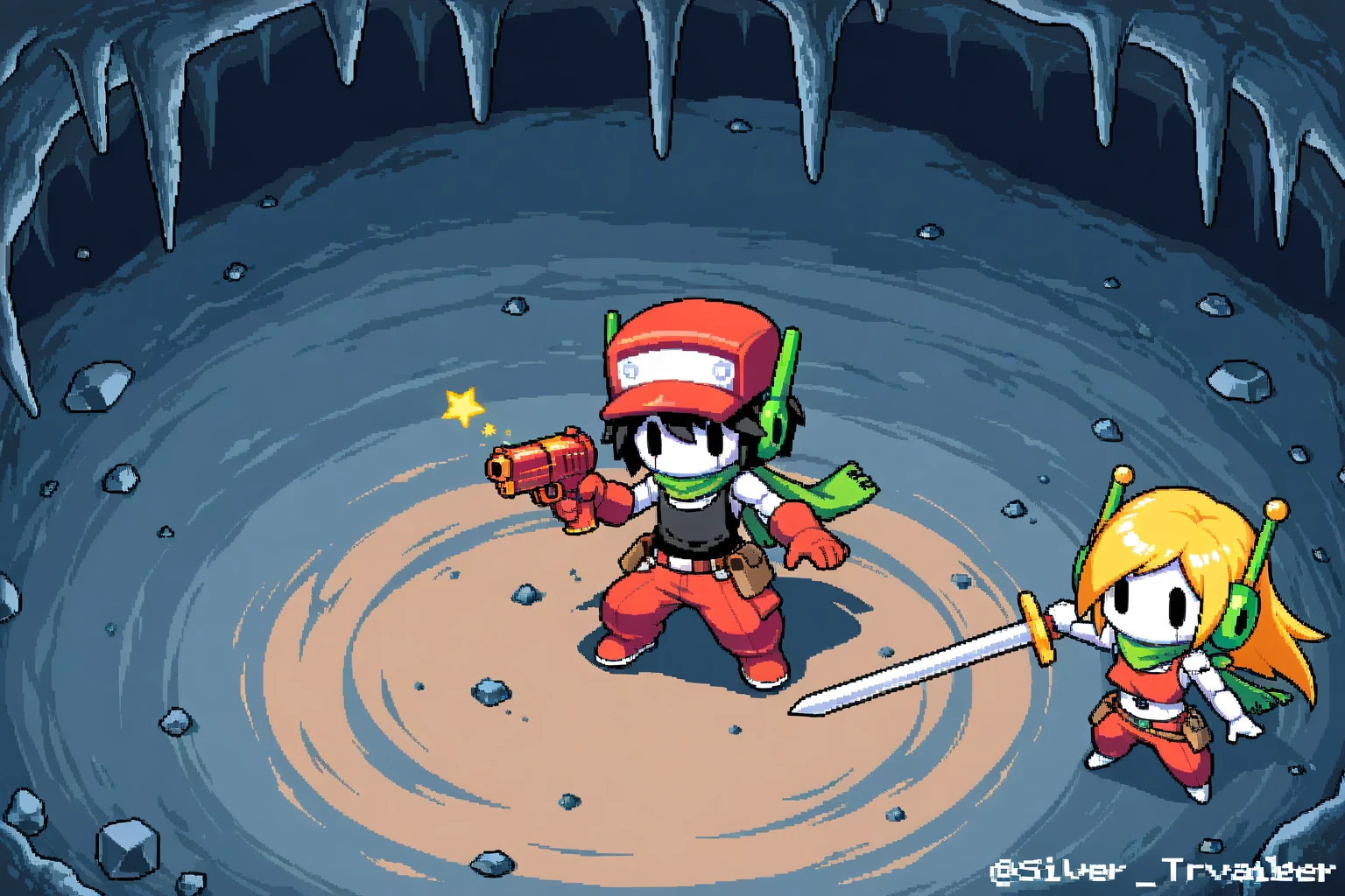 solo,(1couple\(chibi\):1.2). BREAK .1boy\(Mr-Traveler\(Quote,Cave Story\),white skin,(black tank-top),red pants,(green ear:1.3), green headset,red cap\((silver plate)\), black hair, green scarf, robot,holding white sword \). BREAK .1girl\(Curly Brace\(Cave Story\), hold red gun,long blonde,short red shirts,red pants,red gun,robot,open neck,open stomach\). BREAK .from above,pixel,masterpiece,best quality