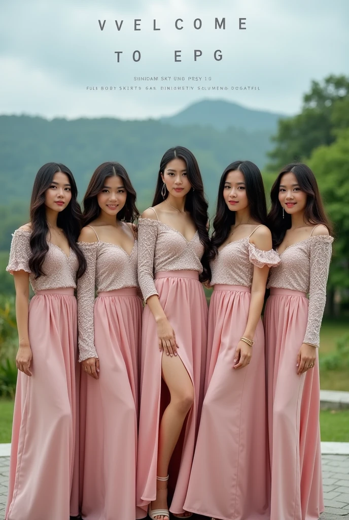 professional photography featuring 7 beautiful Indonesian women wearing Delila clothes, medium skirt sets, charming and graceful poses, there is writing "Welcome TO EPG" with sky garden background, elegant design, clear, realistic full body photo
