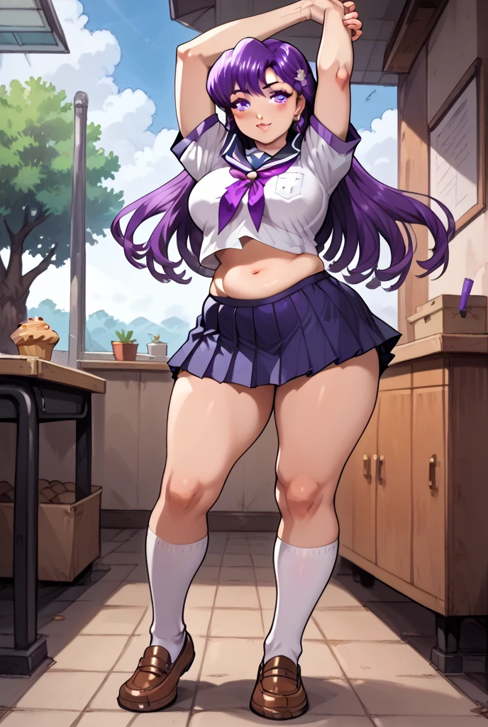  a girl, Alone,  exterior ,  ,  purple eyes ,     school uniform  ,(  masterpiece: 1.6,   better quality), (  Pretty and beautiful eyes  : 1.2), (  better quality,   masterpiece, higher),  school uniform azul, soft thighs ,   short sleeves ,    white socks   ,  scenography  ,   better quality, ((  animated)) ((Colored))   High Definition,AthenaAsamiya96 ,    school uniform, Standing,  full body , skirt azul,  Long hair ,   Purple hair  entre los ojos, The thighs are soft , school funds ,   Purple hair , skirt ,Standing, skirt azul, serafuku, belly button, pop, stretching,   both arms up, muffin top,   chubby belly  , (circle shaped belly button)