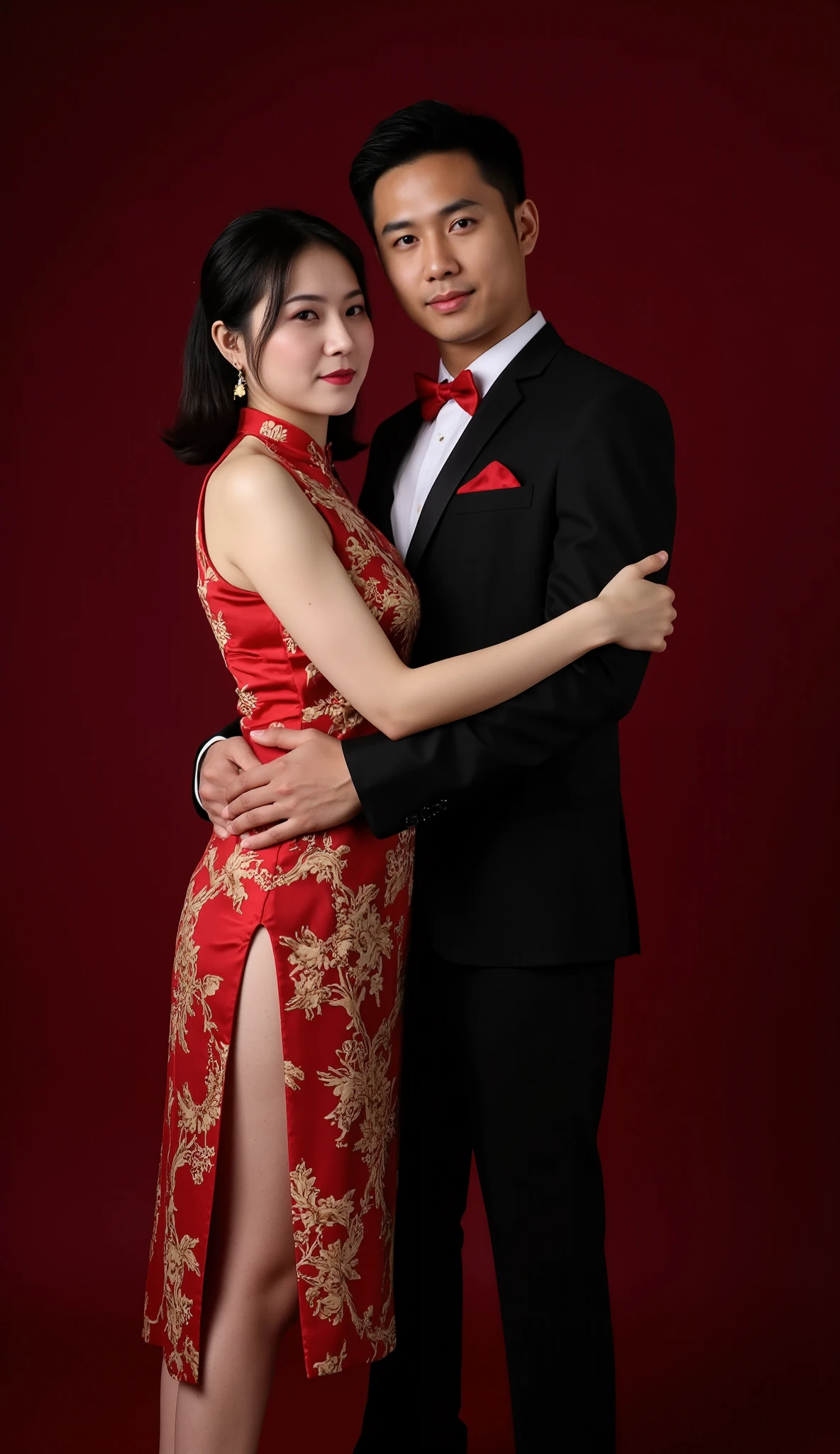 Romantic scene, photography, ultraHD, detailed, facing forward, 1 Indonesian man, wearing a black formal suit, red bow tie, standing confidently, sharp gaze, hugged by 1 woman with black straight shoulder-length hair, the mature plump China woman, aged 45 year old is wearing a red floral print satin cheongsam dress. earrings, necklace, the woman is hugg the man.. they are looking at the audience, dark red background of the photo studio. half medium body photo.
