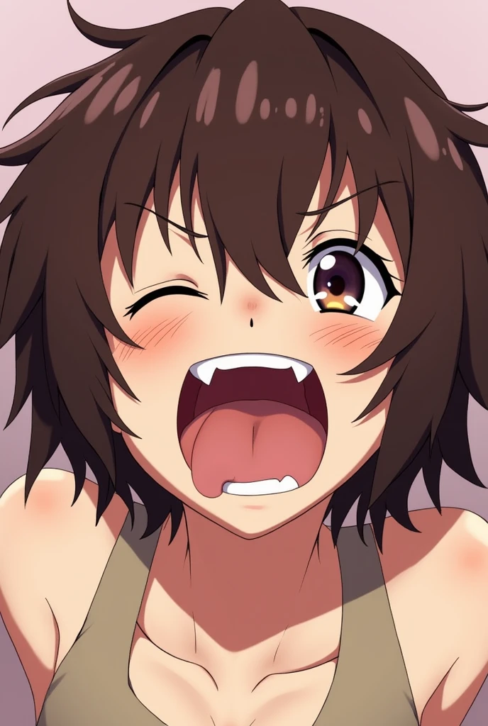 Ochaco Uraraka, wearing pajamas, nice environment, super detailed, high quality, short hair, portrait, blush, open mouth, big mouth, tongue, tongue out, close up, saliva, uvula, uvula, room, mouth focus, excessive saliva, giantess, brown eyes, looking at viewer, long tongue, large tongue, no lips, anime coloring, 