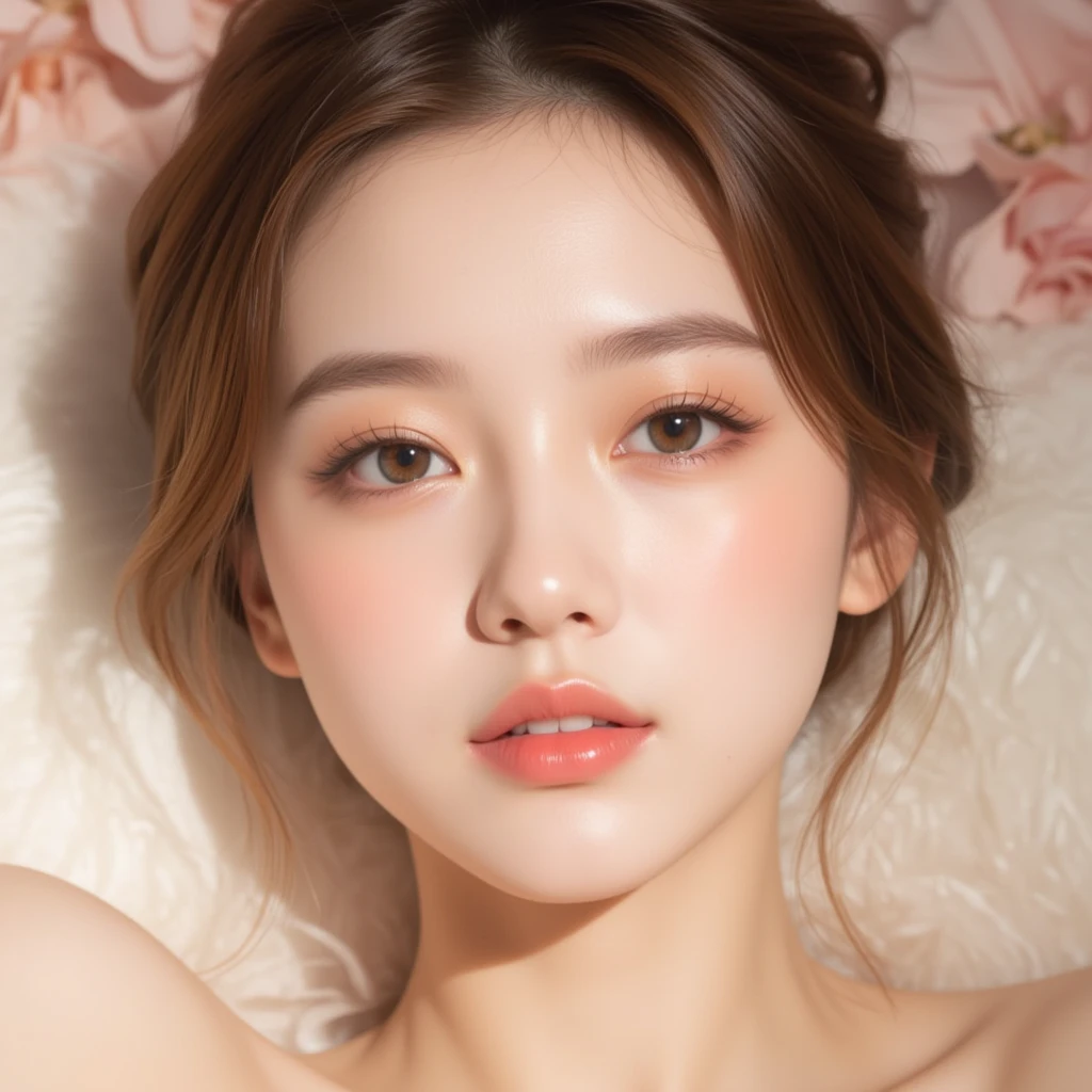 ((best quality, 8k, masterpiece: 1.3)), 1 girl, Slim Abs Beauty: 1.3, ( Casual and cute hairstyle: 1.2), : 1.1, Charming face expression of enjoyment and desire, Detailed eyes, double eyelids, With earrings, bedroom, Concert makeup, ((Medium breasts nude, cute breasts)), (Lying in bed), (The portrait was taken from above her lying body)