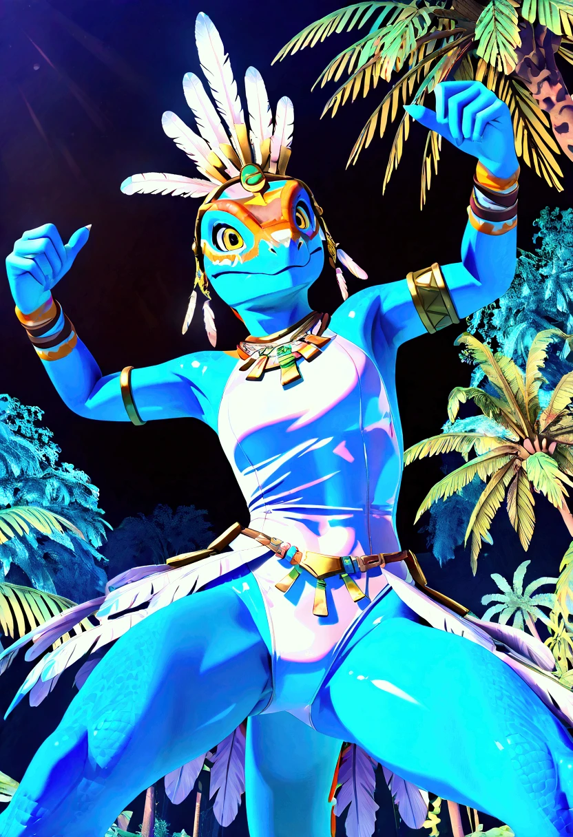 3d , female , SkinkSkirmisher , duo, twins, looking at the viewer seductivly ,scalie ,blue body, blue scales, yellow eyes, simple background, jungle temple background, late night, tropical forest, dense vegetation, wearing edgCarnival, white silver shiny costume with white feathers, one-piece bodysuit, white silver shiny leotard, jewelry, white feather pan headress, white feather skirt, white feathers bracers, close mouth, good hand, dynamic angle, dancing pose, beautiful face, flawless face, detailed eyes, large eyes, beautiful girl, low angle view, dancing, seductive, dancing next to each others on the same plan, 