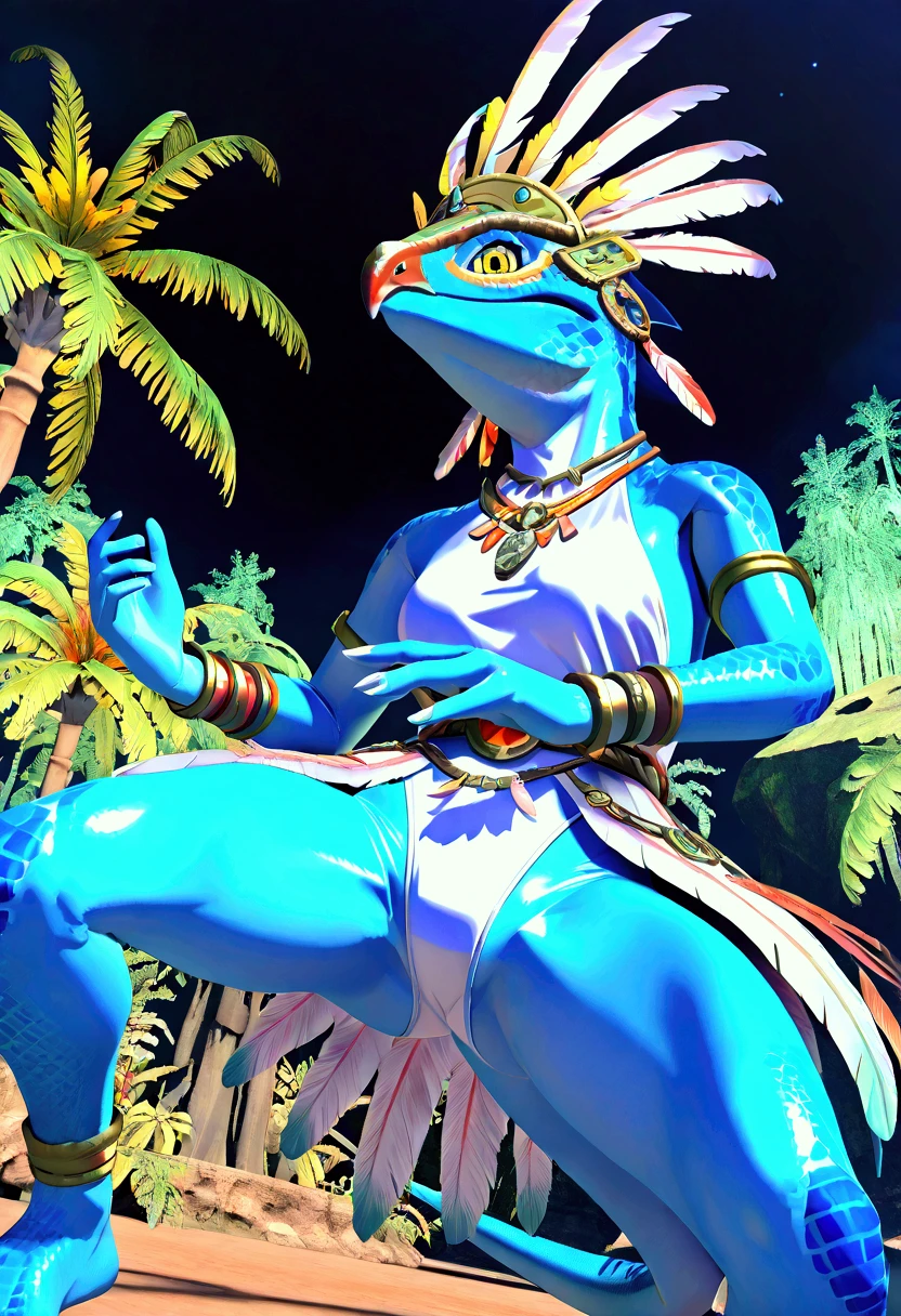 3d , female , SkinkSkirmisher , solo, looking at the viewer seductivly ,scalie ,blue body, blue scales, yellow eyes, simple background, jungle temple background, late night, tropical forest, dense vegetation, wearing edgCarnival, white silver shiny costume with white feathers, one-piece bodysuit, white silver shiny leotard, jewelry, white feather pan headress, white feather skirt, dress, close mouth, good hand, dynamic angle, dancing pose, beautiful face, flawless face, detailed eyes, large eyes, beautiful girl, low angle view, dancing,