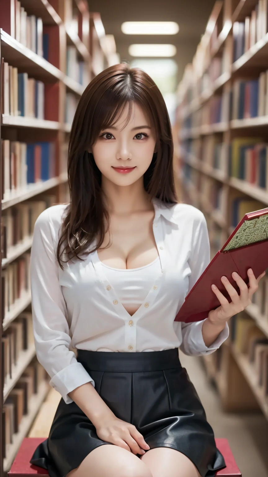 (Shirt and tight skirt : 1.4), (Library Background : 1.4), (Hold a book in your hand : 1.8), bangs, smile, ((white indoor )), (Seated : 1.3),  Young and Adorable Japanese Face ,  Official Art,  high definition  CG Unity 8k wallpaper,Ultra  high definition  , very detailed, Half photo ,  high definition  ,  Kodak Portrait 400,  film grain ,  Lens Flare Glow ,  best quality ,8k,  as a portrait shot ,8k,  show viewer  , ((Masterpiece)), ((  best quality )), (  very detailed), (( cute)), ((  sexy)), ((  very detailedな)), ( Detailed Clothing Characteristics), ( beautiful),  illustration,  beautiful Japanese woman, (( 1 Woman )), ( cleavage in years : 1.3)