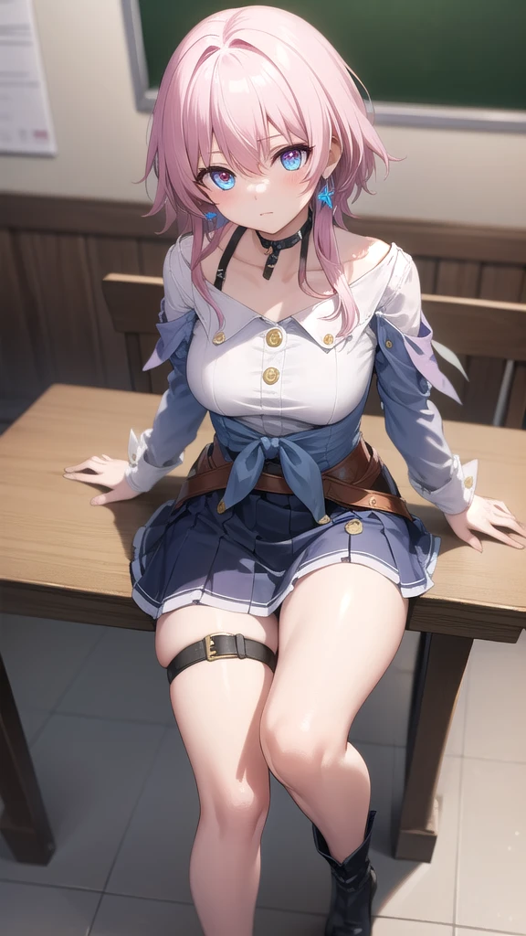 marchseventh, march seventh, blue eyes, hair between eyes, medium hair, pink eyes, pink hair, two-tone eyes,
BREAK ankle boots, archery shooting glove, badge, bare legs, black choker, black corset, black footwear, black gloves, blue jacket, blue skirt, boots, button badge, buttons, choker, collarbone, corset, earrings, flower ornament, gloves, high heel boots, high heels, jacket, jewelry, long sleeves, miniskirt, partially fingerless gloves, pleated skirt, shirt, single earring, single glove, skirt, thigh strap, tied jacket, underbust, medium breasts, nipples, areola nipples, nipple bulge, armpit, perfect armpit, NSFW, open legs, spread legs, her vagina is clearly visible, vagina, detailed vagina, spread vagina,
BREAK looking at viewer,
BREAK indoors, classroom,
BREAK (masterpiece:1.2), best quality, high resolution, unity 8k wallpaper, (illustration:0.8), (beautiful detailed eyes:1.6), extremely detailed face, perfect lighting, extremely detailed CG, (perfect hands, perfect anatomy),