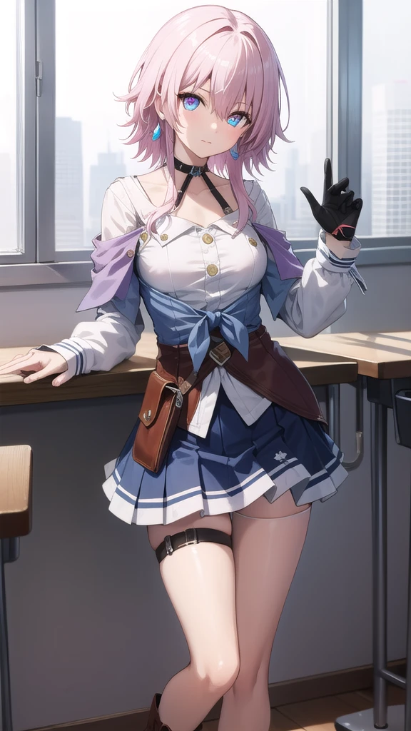 Juna Crawford, poneyTail, Green eyes, Big breasts,Blue blazer with pink hair,Blue waistcoat, a blue skirt,Red Ribbon, knee boots, (((Exposed yellow panties))), embarrassed from, red blush, Adults, School, from below looking up, ((tucking up the skirt)), ((Sheer panties)), (((spread legs))),