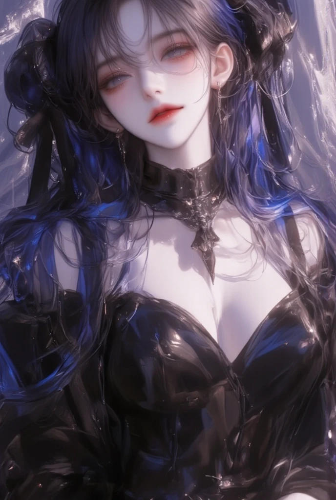 {your prompt} --niji 6 --ar 2:3 --style raw --s 1000 --p spr1pcg，whole body，Vision，Standing，enchanting，魅惑 his entire body ，Anime girl     ，Vision，Overlooking，Lower your head， black evening dress   ,Anime boy ,anime style , Dark blue long hair with micro-curls scattered over the shoulder ，bangs， Purple Eyes，Chest，Blushing ，Smile， Sketch Style  , masterpiece,  anatomically correct, detail,  High detail ,  HD Model, 