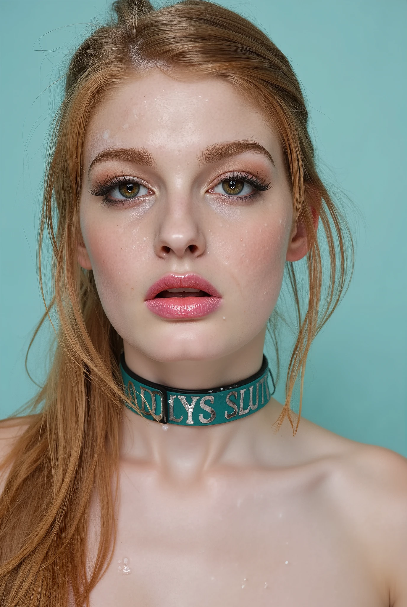 Beautiful albino girl with bright blue eyes, long straigt ginger hair with a ponytail bind up, light turqouse plane background , porcelain skin , (Thick turqouse leather choker with silver text "Daddys SLUT"), Cumface teen with lots of white, sticky, wet, Here Mouth is slitly open and she got Cum in here mouth, white transucent cum all over here face, (Cum on face), Cum on forehead, Dripping cum, Ultra detaild skin, photo ultra-realistic, hyper-detailed , Vogue photo shoot , cinematic, big limps with glossy pink lipstick