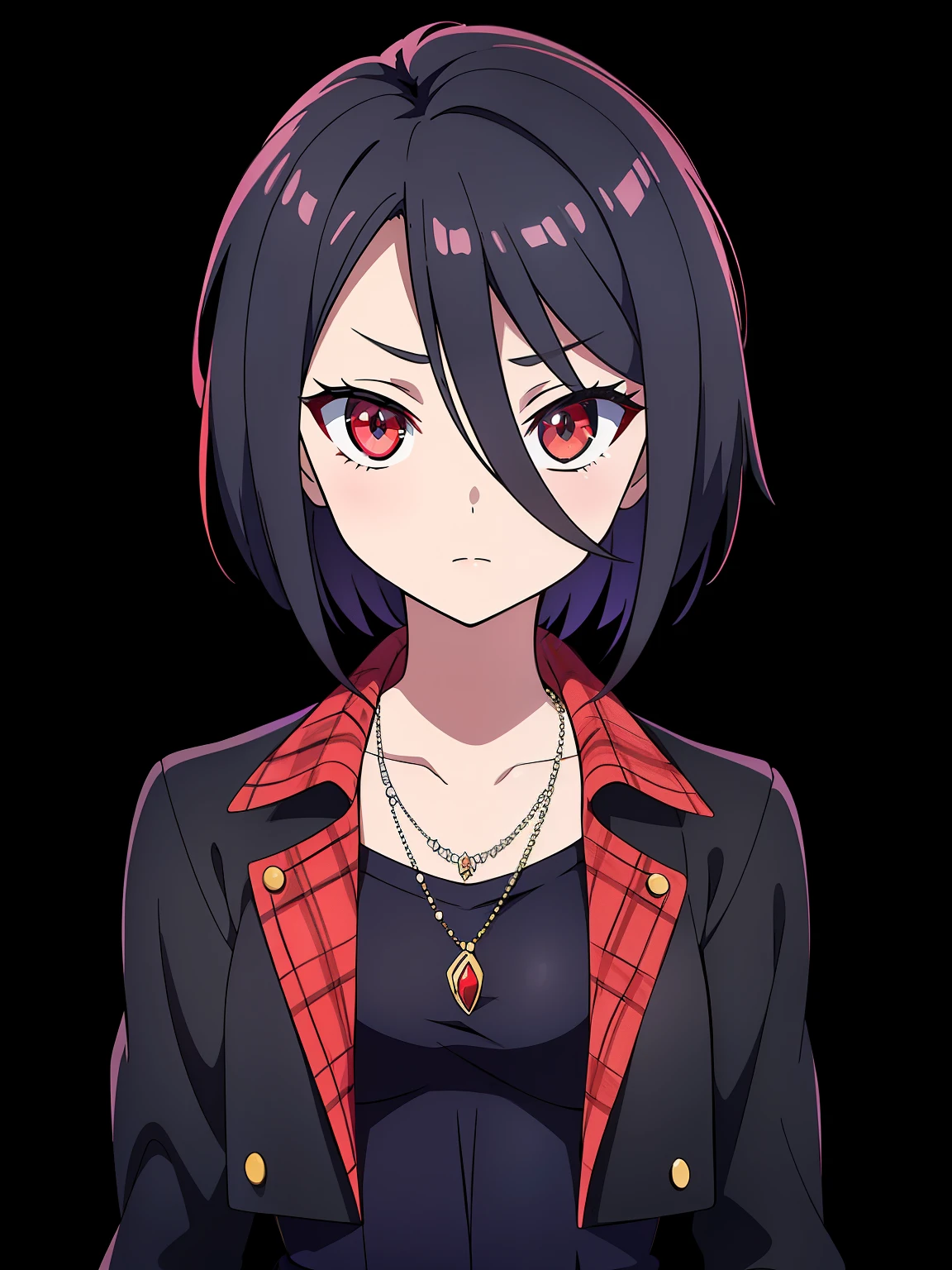 (high-quality, breathtaking),(expressive eyes, perfect face) 1girl, female, solo, teenager, black color hair, red highlight in hair, red eye color, short hair length, fluffy spiky hair, Symmetrical Eyes, portrait, positive expression, grey background, narrow eyes, fserah, fingerless glove, dress shirt, single thighhigh, plaid-pleated skirt lined with black lace, jacket, necklace, stylized hairstyle, modern fantasy clothiing
