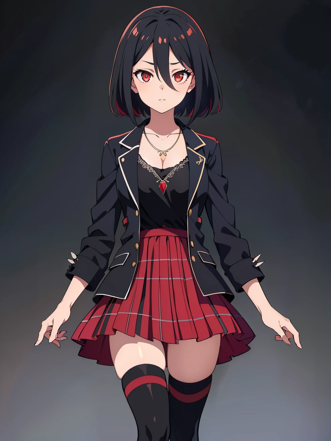 (high-quality, breathtaking),(expressive eyes, perfect face) 1girl, female, solo, teenager, black color hair, red highlight in hair, red eye color, short hair length, fluffy spiky hair, Symmetrical Eyes, portrait, positive expression, grey background, narrow eyes, fingerless glove, dress shirt, single thighhigh, plaid-pleated skirt lined with black lace, jacket, necklace, stylized hairstyle, modern fantasy clothing
