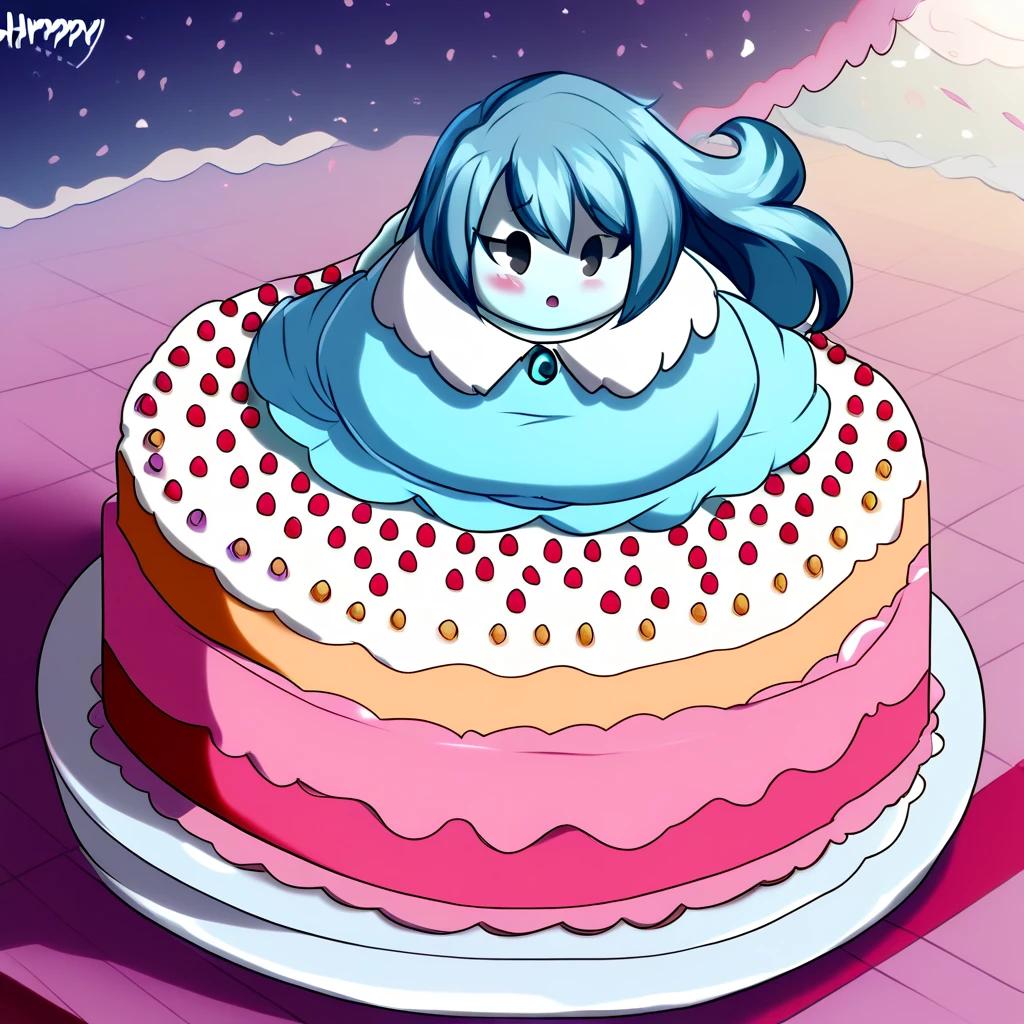 Living cake, score_9, score_8_up,  by fizintine
 sp00kjsm, 1girl, solo, aqua skin, colored skin, blue hair, long hair, solid oval eyes, black eyes, defspooky, lightblue dress, dress, Content:1.2, floating, above city, fat, chubby, obese, gigantic arms and legs, blush,