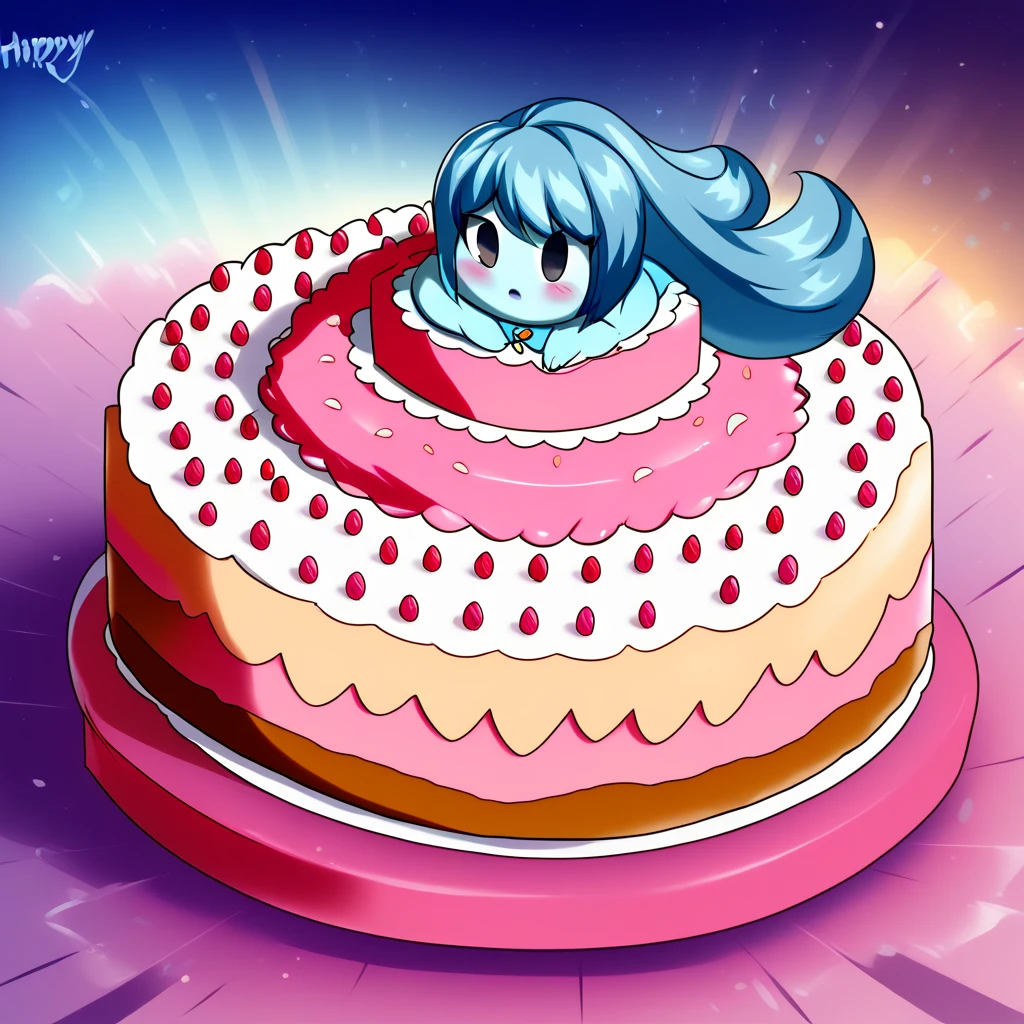 Living cake, score_9, score_8_up,  by fizintine
 sp00kjsm, 1girl, solo, aqua skin, colored skin, blue hair, long hair, solid oval eyes, black eyes, defspooky, lightblue dress, dress, Content:1.2, floating, above city, fat, chubby, obese, gigantic arms and legs, blush,