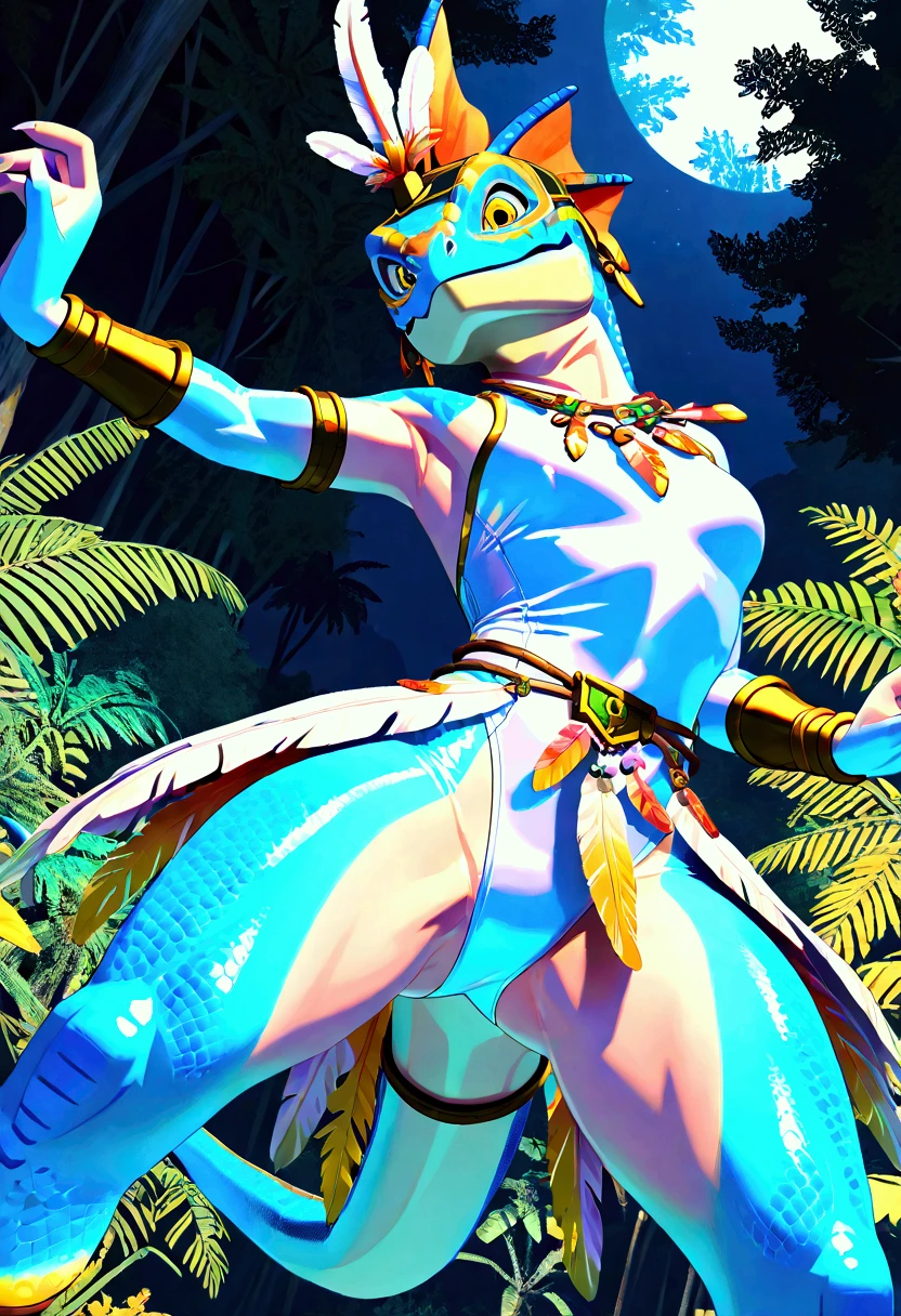 3d , female , SkinkSkirmisher , solo, looking at the viewer seductivly ,scalie ,blue body, blue scales, yellow eyes, simple background, jungle temple background, late night, tropical forest, dense vegetation, wearing edgCarnival, white silver shiny costume with white feathers, one-piece bodysuit, white silver shiny leotard, jewelry, white feather pan headress, white feather skirt, bracers with white feather pan, close mouth, good hand, dynamic angle, dancing pose, beautiful face, flawless face, detailed eyes, large eyes, beautiful girl, low angle view, dancing,