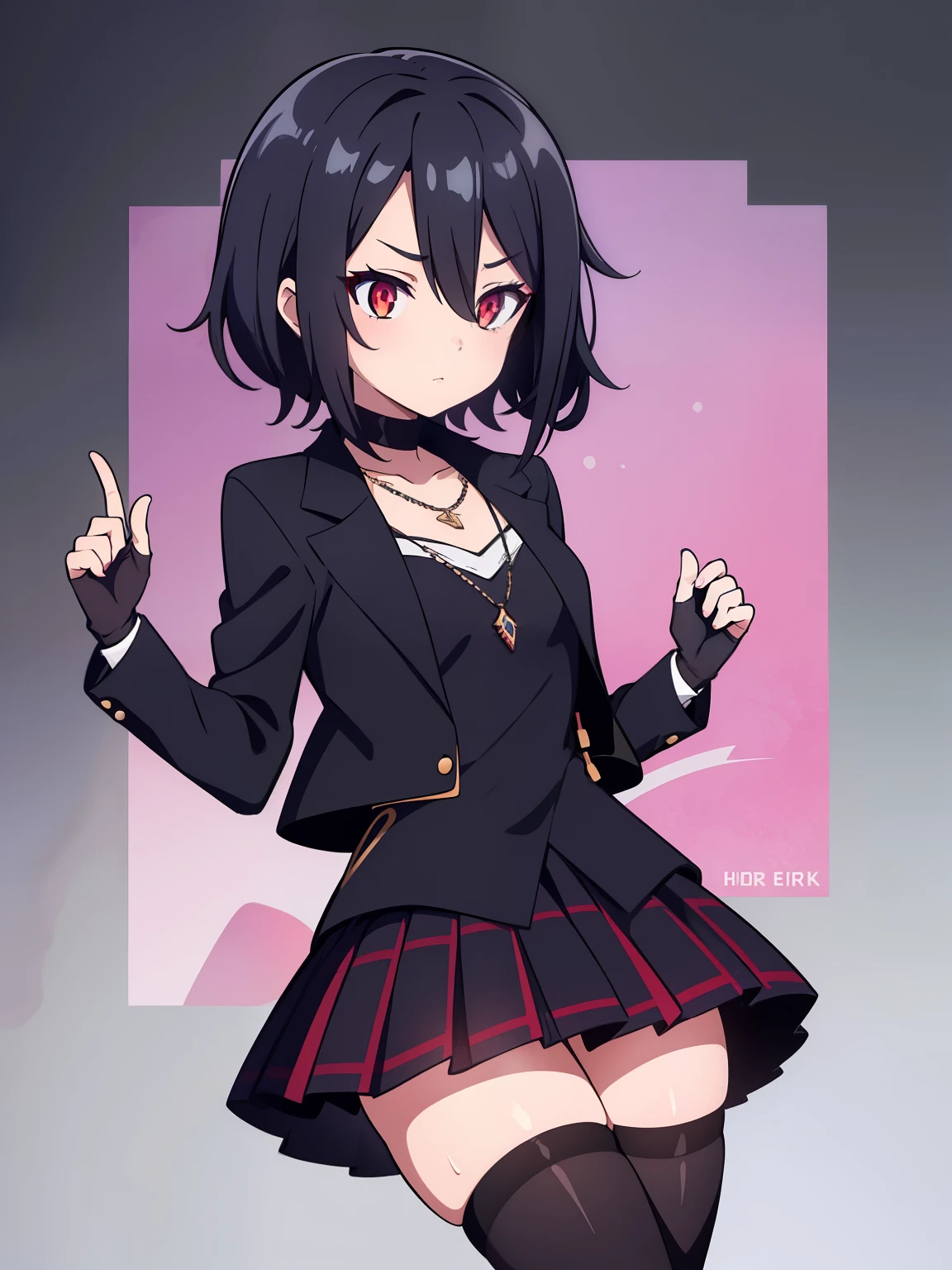 (high-quality, breathtaking),(expressive eyes, perfect face) 1girl, female, solo, teenager, black color hair, red highlight in hair, red eye color, short hair length, fluffy spiky hair, Symmetrical Eyes, portrait, positive expression, grey background, narrow eyes, fingerless glove, dress shirt, single thighhigh, plaid-pleated skirt lined with black lace, jacket, necklace, stylized hairstyle, modern fantasy clothing
