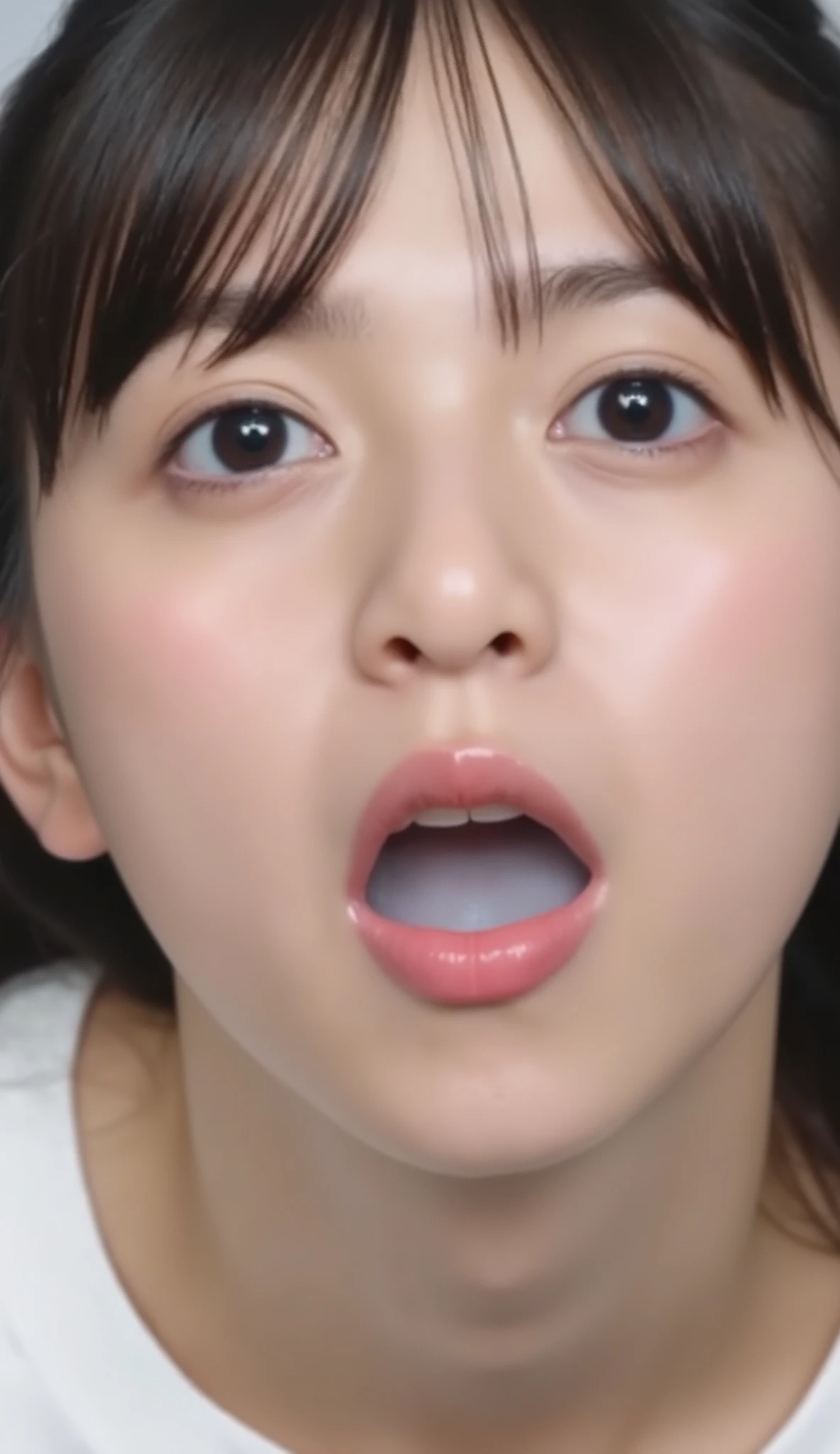 The high resolution photograph of a young Japanese female idol, intricate details, extremely detailed, sharp focus, solo, 1girl, face focus, close-up of face, looking at the camera, pale skin, detailed face, detailed eyes, seductive eyes, natural make-up,
(open mouth, cum in mouth after blowjob), indoors, 