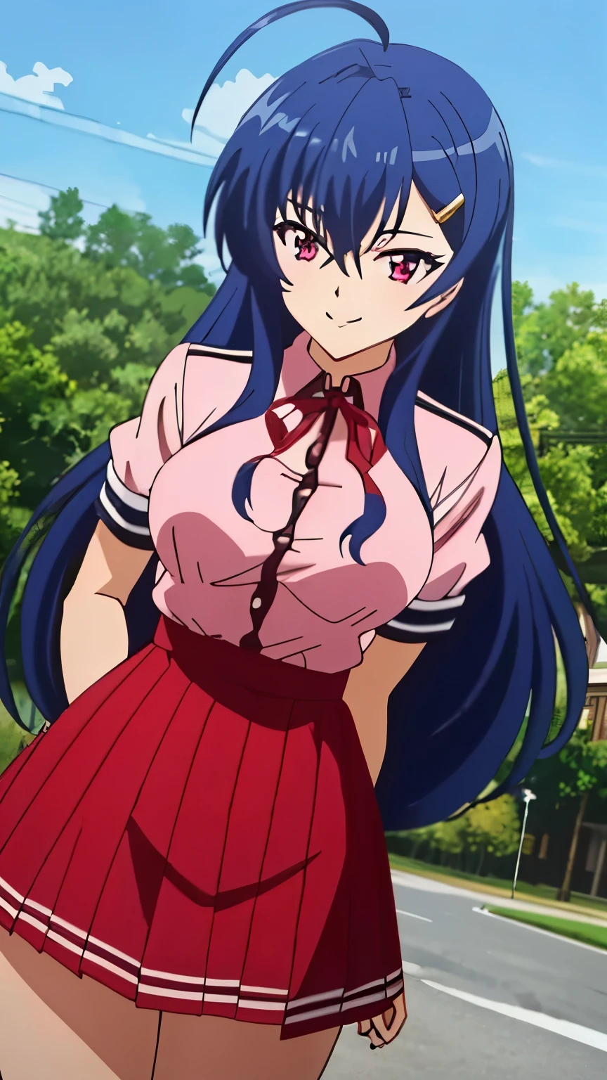 (Top quality, masterpiece, 8k), (Realistic skin texture), (anime coloring), very detailed, very detailed, beautiful eyes, perfect eyes, detailed eyes, feature large highlight, detailed face, ultra-detailed, detailed eyes, symmetrical eyes, (dynamic angle), sharp details, reiko, 1girl, standard height, blue hair, long hair, hairclip, ahoge, red eyes, (slender), (slim), (medium breasts:1.2), (neck ribbon, pink Y-shirt, short sleeves, red skirt, smile, park, standing), (cowboy shot:1.2),
