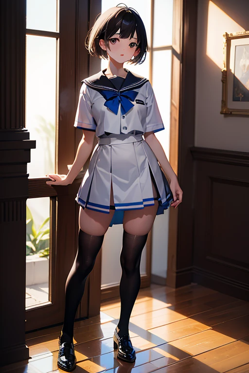 (Tabletop, highest quality, Super detailed, 8k, wallpaper, Realistic), ((Perfect hands)), ((Perfect Anatomy)), Medium cleavage, Ruins of concrete、 ((Attractive anime one girl)), ((Rei Ayanami)), ((Capture her mysterious beauty with her white skin, The dense indigo short hair is impressive)),Beautiful detailed face、Look at the viewers、 ((Bright red eyes)), ((Junior High School Uniform))、((White panties), ((Medium Shot, From below)), Kamimei