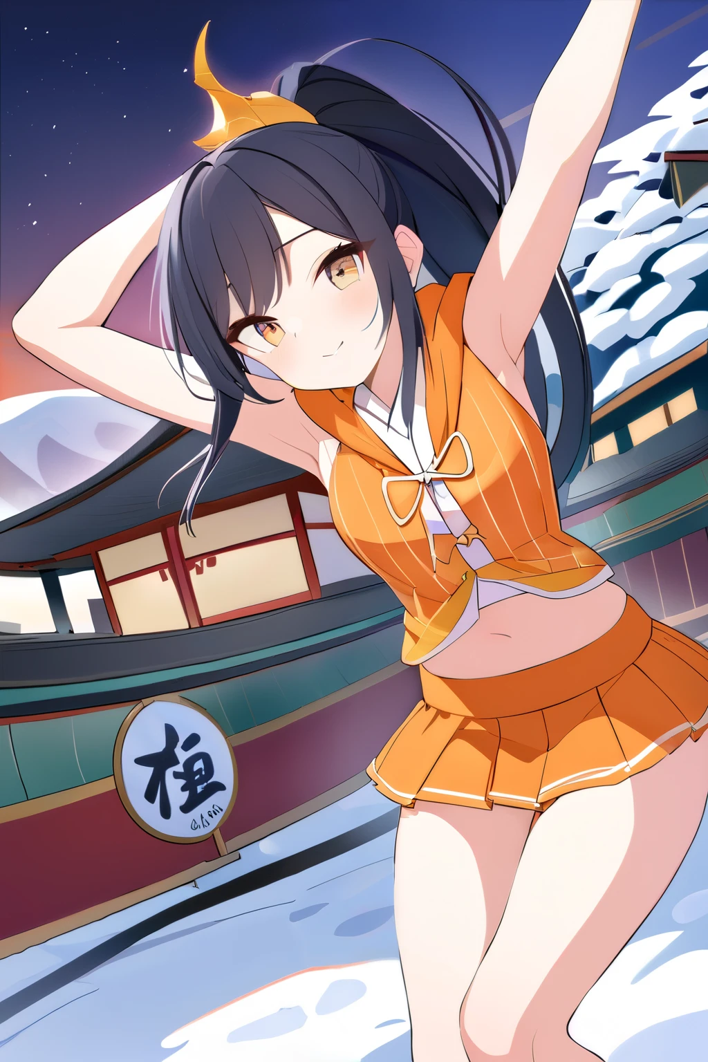 captivating scene featuring a beautiful anime-style girl with distinct features, set against a winter japan wonderland backdrop. The girl will have black hair styled in a ponytail, single eyelids, and hooded, sultry, deep set, captivating eyes of a striking dark orange colour. Her facial expression will be a gentle smile. Age is . Leg is very slender. Thigh is slender. hip is small. She'll be wearing a cute themed adorned with an intricate japanese school design and spats under the micro mini skirt. The background will depict an japan street town on the roof top. The action captured will be as if she's playfully leaping rise up skirt action skill, adding a sense of movement and joy to the scene. This combination of elements should produce an ultra special quality image that feels like a masterpiece. bast size is very small.,masterpiece,best quality,high quality,detailed,absurd res