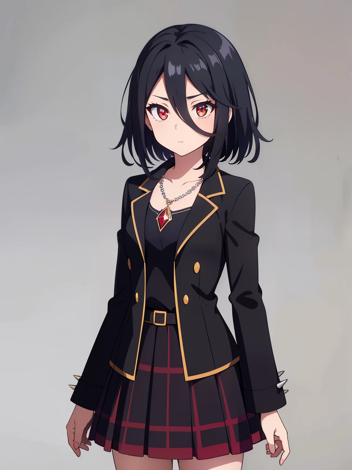 (high-quality, breathtaking),(expressive eyes, perfect face) 1girl, female, solo, teenager, black color hair, red highlight in hair, red eye color, short hair length, fluffy spiky hair, Symmetrical Eyes, portrait, positive expression, grey background, narrow eyes, fingerless glove, dress shirt, plaid-pleated skirt lined with black lace, jacket, necklace, stylized hairstyle, modern fantasy clothing
