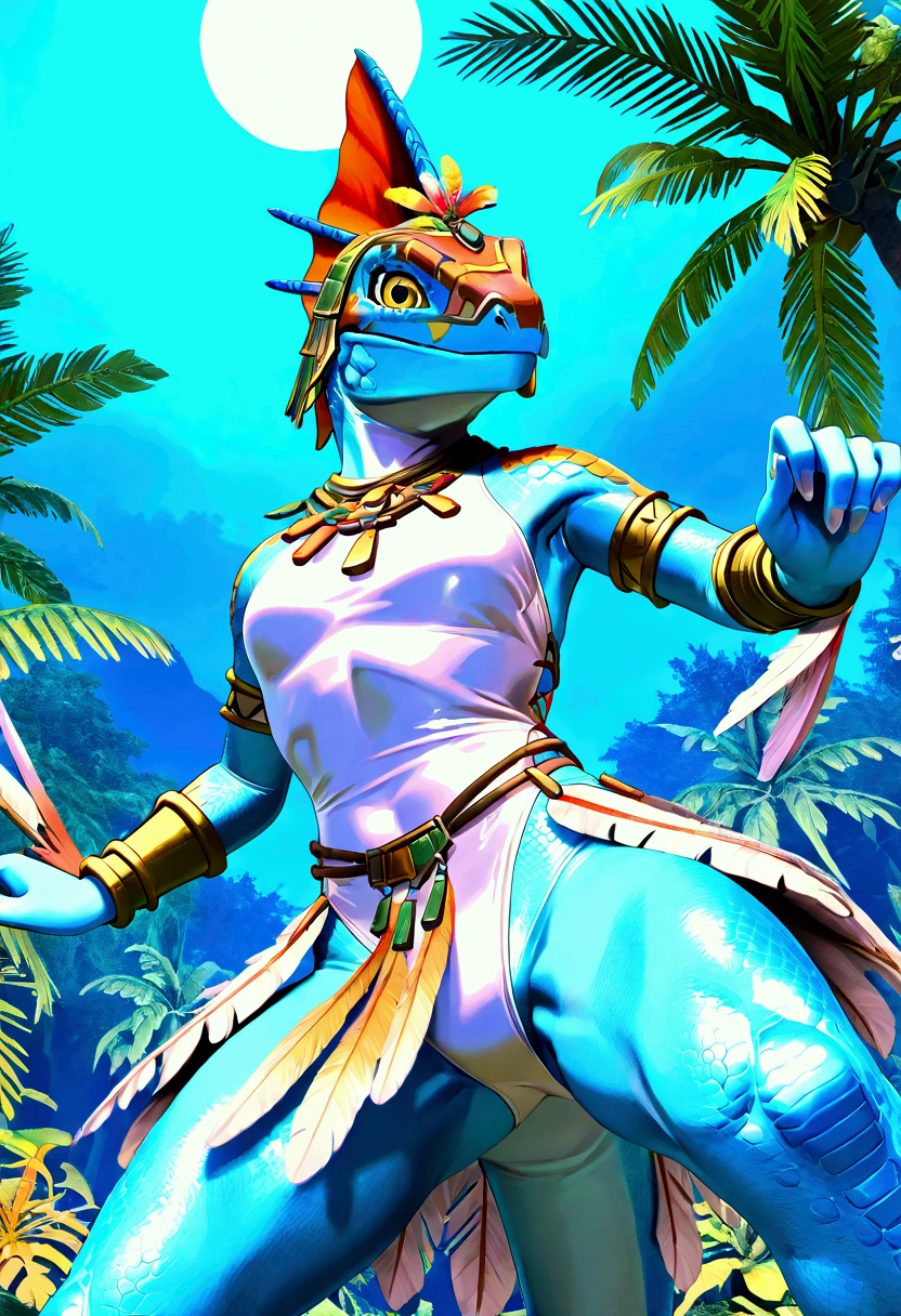 3d , female , SkinkSkirmisher , solo, looking at the viewer seductivly ,scalie ,blue body, blue scales, yellow eyes, simple background, jungle temple background, late night, tropical forest, dense vegetation, wearing edgCarnival, white silver shiny costume with white feathers, one-piece bodysuit, white silver shiny leotard, jewelry, white feather pan headress, white feather skirt, bracers with white feather, close mouth, good hand, dynamic angle, dancing pose, beautiful face, flawless face, detailed eyes, large eyes, beautiful girl, low angle view, dancing,