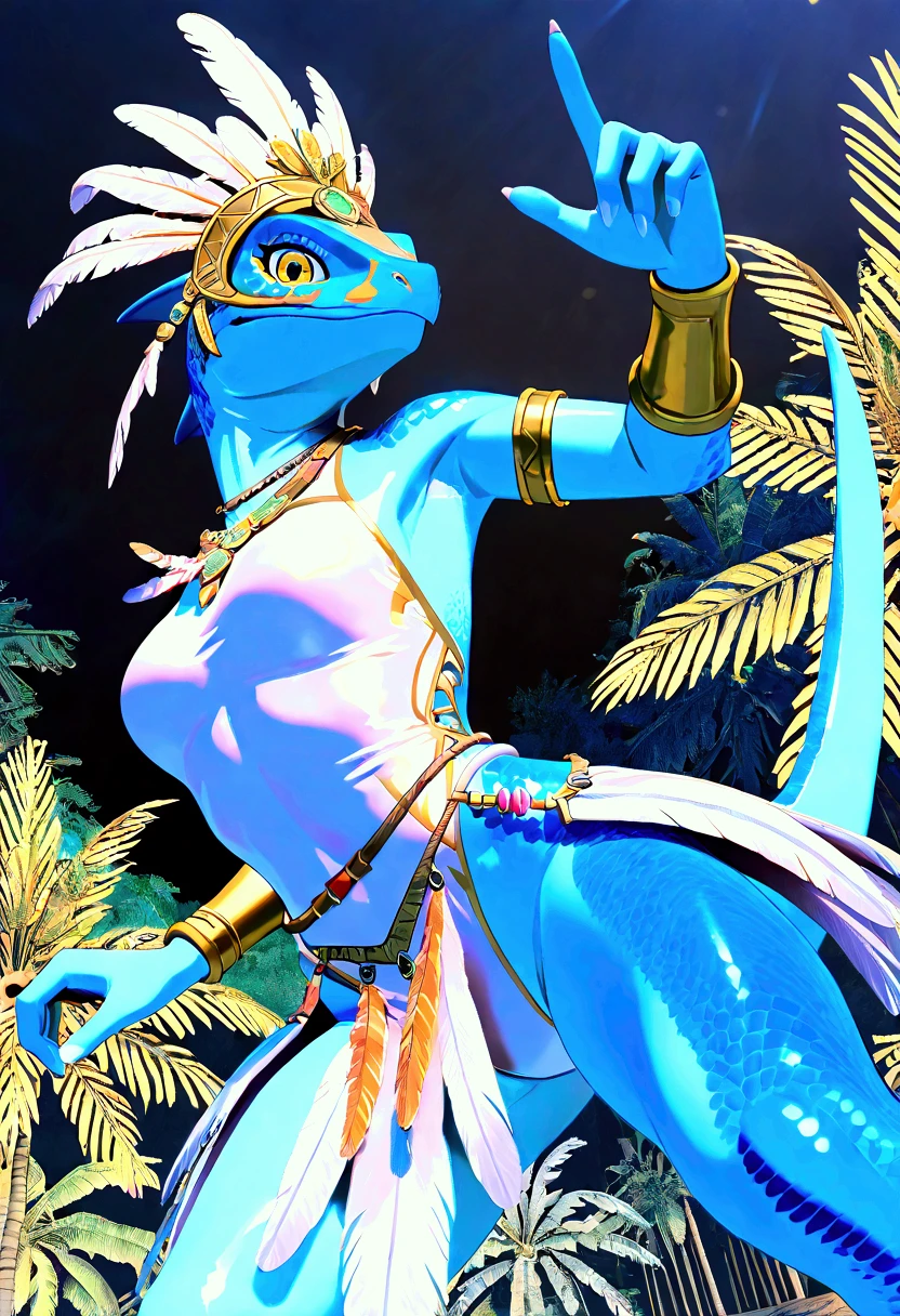 3d , female , SkinkSkirmisher , solo, looking at the viewer seductivly ,scalie ,blue body, blue scales, yellow eyes, simple background, jungle temple background, late night, tropical forest, dense vegetation, wearing edgCarnival, white silver shiny costume with white feathers, one-piece bodysuit, white silver shiny leotard, jewelry, white feather pan headress, white feather skirt, bracers with white feather, close mouth, good hand, dynamic angle, dancing pose, beautiful face, flawless face, detailed eyes, large eyes, beautiful girl, low angle view, dancing,