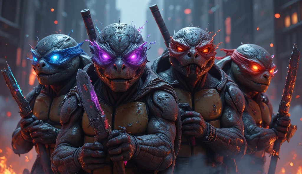 (best quality, 128k,highres,masterpiece:1.2),ultra-detailed,(realistic,photorealistic,photo-realistic:1.37), ((masterpiece))  a hyper-realistic illustration of the four Ninja Turtles reimagined as terrifying mutants. Each turtle is heavily mutated, with exaggerated muscular physiques, jagged shells covered in scars and spikes, and glowing reptilian eyes partially obscured by torn and weathered versions of their iconic masks. The masks, tattered and frayed, retain their signature colors and add to the haunting aura of their transformation. Their names are prominently etched onto their weapons or gear, adding a personal touch to their monstrous forms.  

- **Leonardo**: His glowing blue eyes pierce through the torn blue mask, radiating an unsettling calm as he wields his katanas dripping with a mysterious glowing substance.  
- **Donatello**: His flickering purple eyes are partially obscured by a ragged purple mask, matching his bo staff augmented with dark, cybernetic enhancements.  
- **Raphael**: His fiery red eyes burn with rage behind a shredded red mask as he grips his oversized, blood-stained sais.  
- **Michelangelo**: His bright orange eyes shimmer with chaotic energy through the frayed edges of his orange mask, complementing his nunchaku wrapped in chains crackling with electricity.  

The dark, dystopian cityscape in the background is engulfed in smoke and neon light, enhancing the sinister and chaotic atmosphere surrounding these grotesque warriors.