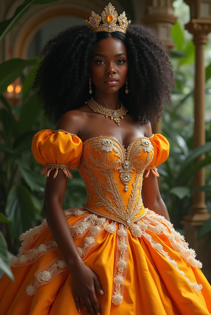 Create a detailed portrait of a regal, elegant Black queen in a vintage, baroque-inspired style. She wears a golden crown adorned with emeralds, with a radiant halo behind her head. Her outfit includes a luxurious yellow corset dress with intricate lace details. She holds an ornate fan in one hand and is surrounded by lush sunflowers and soft pink roses. The scene is set against an antique parchment background, with golden candelabras and a pineapple adding to the opulent atmosphere. The overall mood is one of grace, power, and timeless beauty, with soft, warm lighting enhancing the richness of the scene.