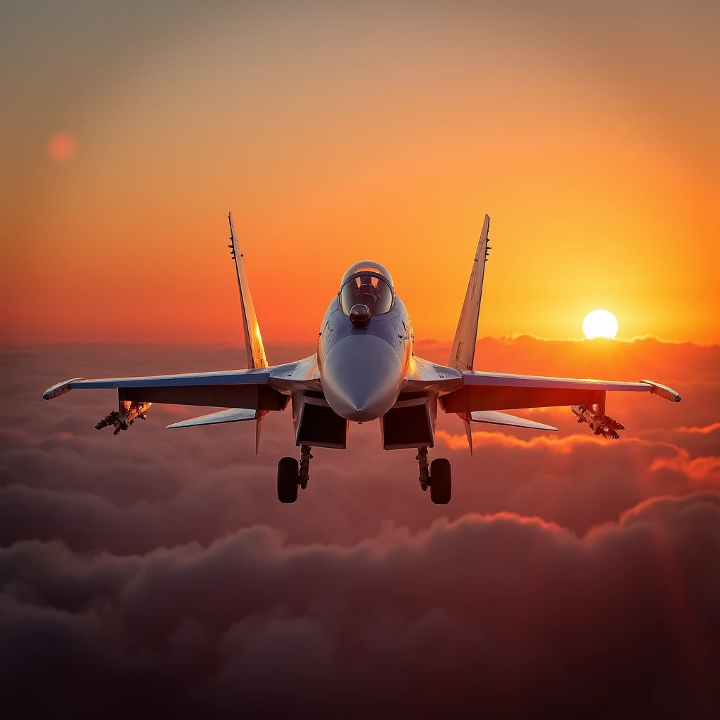 taken with a Hasselblad 907X & CFV 100C Medium Format Mirrorless Camera with a Hasselblad XCD 65mm f/2.8 Lens, highly detailed Sukhoi Su-27 jet soaring, saffron sky at sunset, cinematic lighting, high detail, vibrant colors, film still aesthetic,A photograph of an SU-27 Flanker. Russian Markings. Russian fighter.