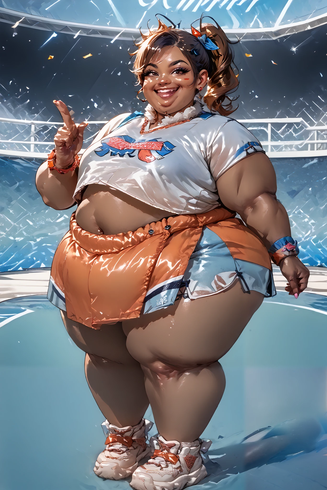 ((Dark skin)), dark skinned female, ((giantess)), ((strongfat)), ssbbw, obese, ((strong arms)), white hair, blue eyes, ((tall)), (gentle smile), (wrestling gear), gigantic, insanely large belly, sweaty, subtle blush, (bare arms), ((biceps)), leotard, fingerless gloves, wrestling ring background, clear face, large eyes, ((butt towards viewer)), ((butt)), ((inflated booty)), back turned towards viewer, ((gigantic butt))