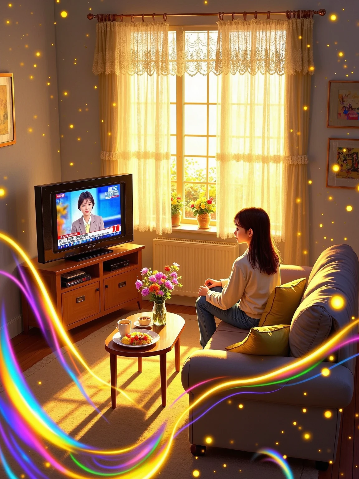 artistic conception，White Space，Rock Color，Gold Leaf， color particles , color curve ，Chen Jialing,Dark Night Glow,Neon colors ，A girl is sitting on the sofa watching TV，The room is warmly decorated，Mainly warm colors，There is a soft sofa，Two cushions on the sofa，A TV is playing the news，There is a dining table next to the sofa，On the dining table, there is a vase with various flowers and a hot breakfast., The room has a window，With lace curtains drawn，Outside the window, the first rays of sunlight in the early winter morning shine into the room through the lace curtains，The floor is carpeted。The whole atmosphere is warm and full of life, Bird&#39;s-eye view, Seven color tones，Gold lines ，Shine,Revea,Self-illumination, flowing lines , Master Composition ， Super dreamy colors ，Colorful Lights and Shadows， Extreme Details ，Finely engraved ，8k HD， high quality