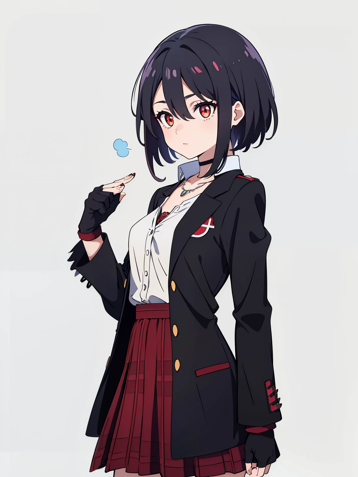 (high-quality, breathtaking),(expressive eyes, perfect face) 1girl, female, solo, teenager, black color hair, red highlight in hair, red eye color, short hair length, fluffy spiky hair, Symmetrical Eyes, portrait, positive expression, grey background, narrow eyes, fingerless glove, dress shirt, plaid-pleated skirt lined with black lace, jacket, necklace, stylized hairstyle, modern fantasy clothing
