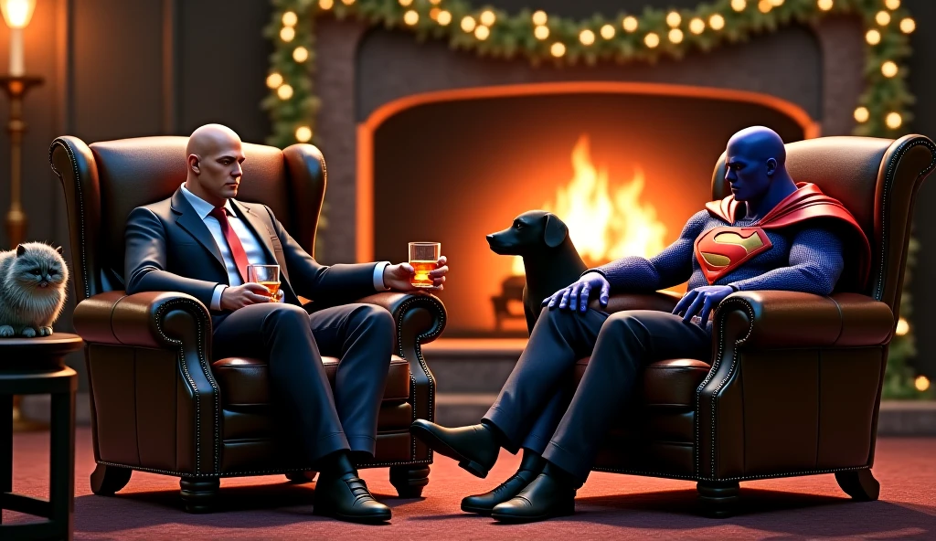 Megamind drinking beer at the bar with several heroes
