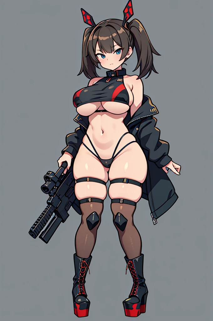 1girl, tan skin, tan, tan-skinned female, from behind, ass, ass focus, thong, panties, jacket, smile, smirk, smug, breasts, huge ass, thick thighs, mature female, black hair, very short hair, yellow eyes, forest, black jacket, ((black jacket)), hooded jacket, belt, military hat, cap, highleg, gun, highleg thong, black thong, tomboy, pixie cut, bare legs, ((highleg)), military jacket, holding gun