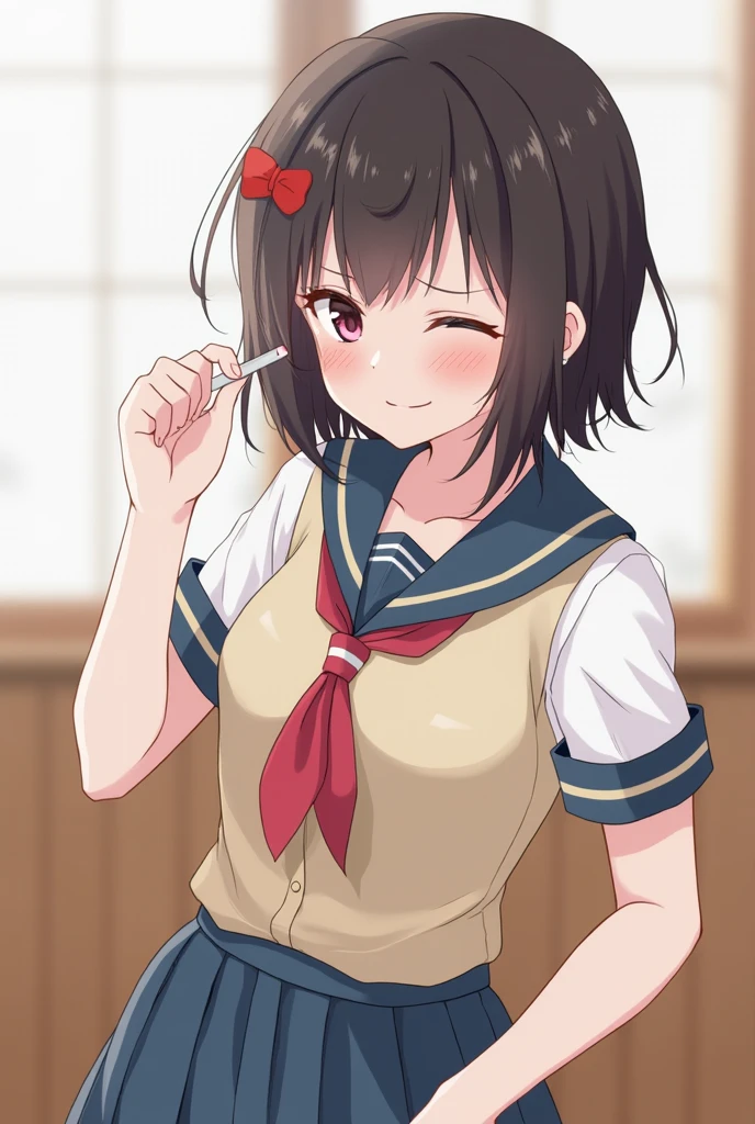 masterpiece, highest quality,brown hair, , long hair, open your mouth, low ponytail, brown eyes, long sleeve,, :d, nude,cum in mouth,indoor,Japanese style room,orgasm,fellatio,1boy,