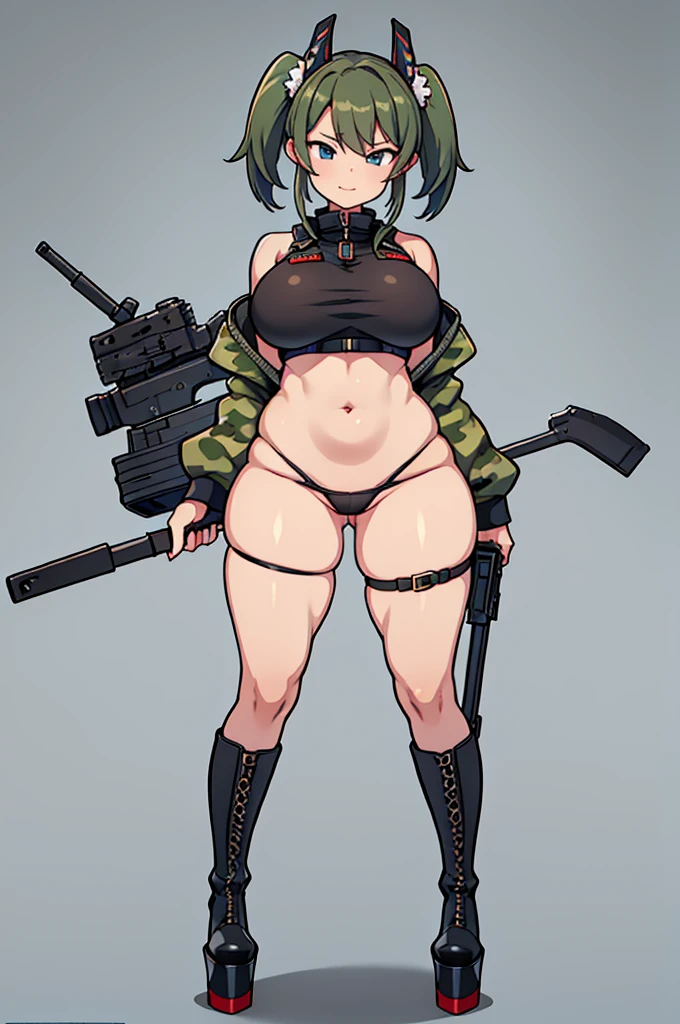 Military Uniform, Black Hair, Breast, Military Cap, Full body, Bikini