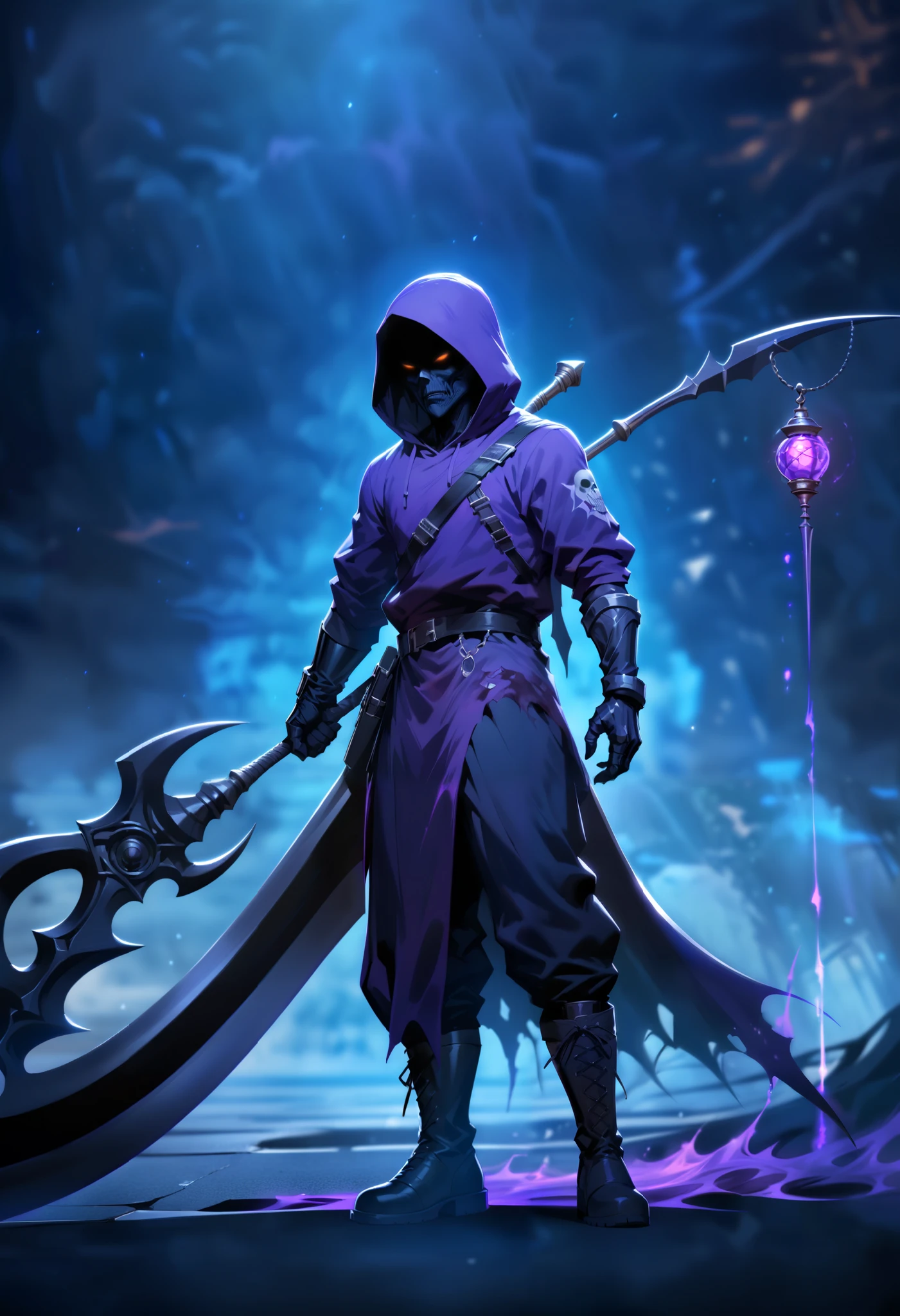 masterpiece, best quality, very aesthetic, absurdres, Black Grim Reaper silently descends from the sky with Deathscythe, hoodie, boots, tattoos and purple aura,