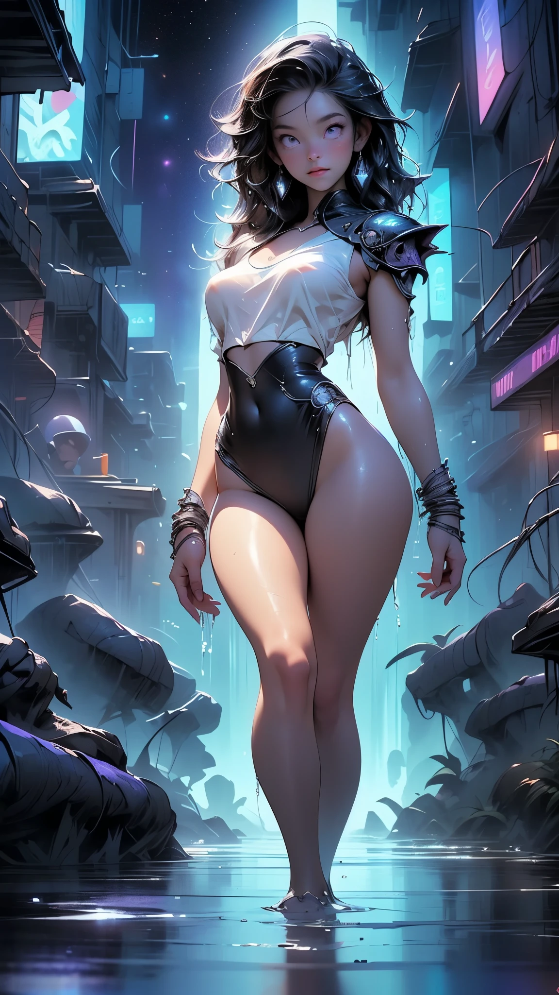 Hyperrealistic version of a woman giant. A giant woman in a bikini lying on top of a cyberpunk city, Little guys running around the giant girl, Standing on her hand, cgsociety 9, 2. 5 d cgi fantasy art, engine rendering unreal + a goddess, full body cgsociety, artgerm ; Hyper realistic 3d content, giant art, super detailed 3d matte paintings, super detailed 3d matte paintings, realistic fantasy art, realistic 3 d anime style. Beautiful girl. Big thighs."The little people stood on the top of a high-rise building waving to the girl".Wear short skirts.