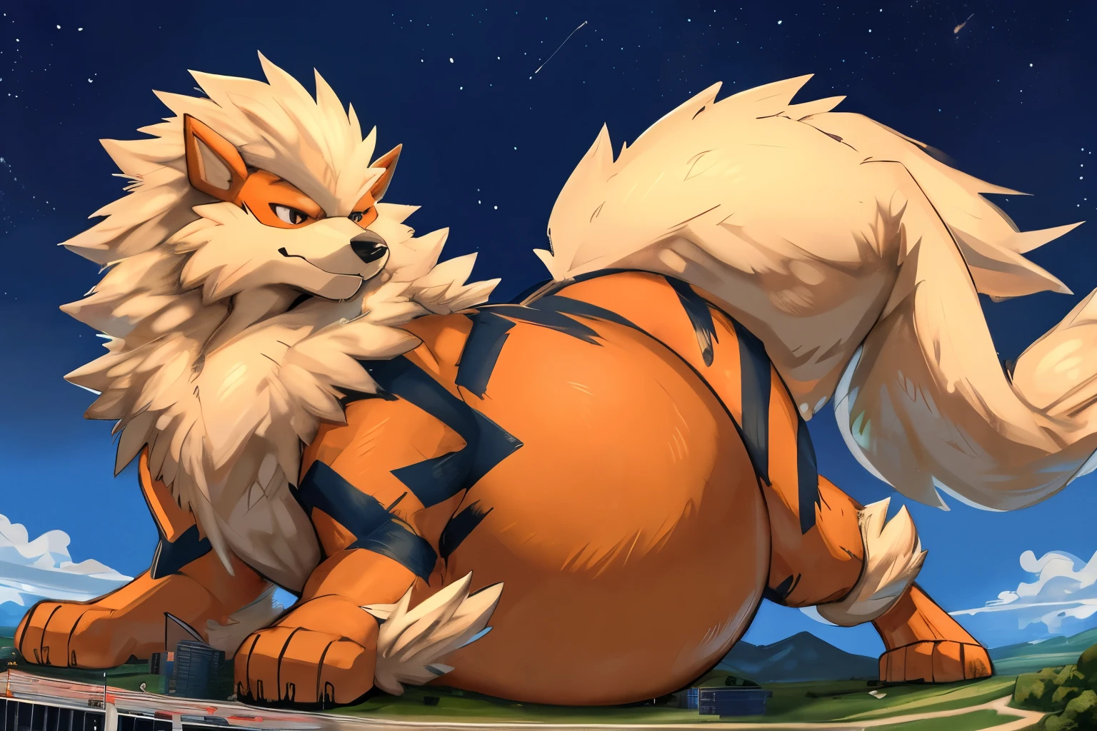 kurama, background, roar, Nine tails, A nine-tailed fox fat and big, big fox fat. 9 tails are corp and gos he has a lot of fat  no muscle he's not muscular he doesn't have muscles, he's fat obese fatty are body and full of fat 
he wears a red chort