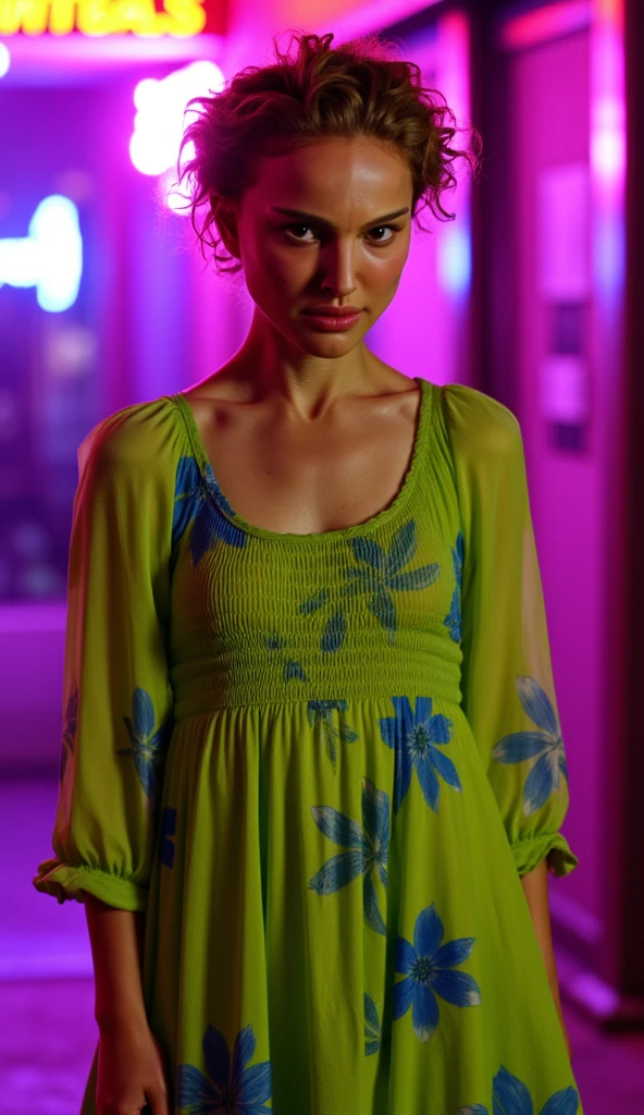 Create a full-shot, high-resolution image of Natalie Portman in a bohemian-style mini dress. The dress features a flowing silhouette crafted from lightweight fabric, with a lime-green base and bold cobalt blue floral prints. The colors should be vibrant and slightly glowing, reflecting the neon ambiance around her. The scoop neckline is cinched with delicate ruffle detailing, and the long sleeves are slightly flared at the cuffs. The hemline is short and playful, and the fabric should appear semi-sheer with a lightweight, flowing feel.

Her hair is styled in an extremely short, curly, messy, and spiky cut. The curls are wild and textured, with a dark blonde shade accented by warm golden and caramel highlights, giving a sun-kissed effect.

Her makeup is natural but enhanced for nighttime lighting: glowing skin with a soft dewy finish, subtle smoky eyes with shimmer, black eyeliner for definition, peachy blush, and nude-pink lips.

The background should depict an urban nighttime setting with glowing neon lights in shades of purple, pink, and orange. These lights should cast a soft, colorful glow over the dress and figure, creating a cinematic, moody vibe similar to a vibrant city street at night.