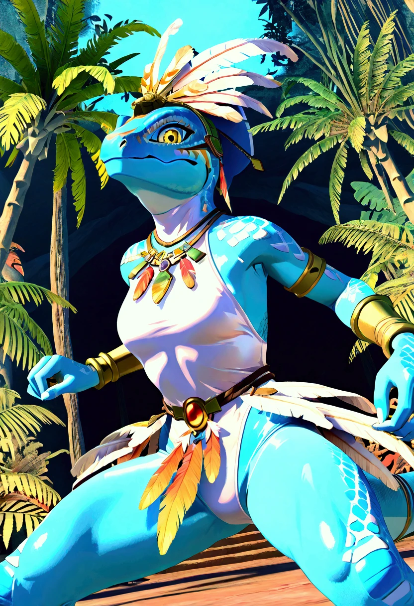 3d , female , SkinkSkirmisher , solo, looking at the viewer seductivly ,scalie ,blue body, blue scales, yellow eyes, simple background, jungle temple background, late night, tropical forest, dense vegetation, wearing edgCarnival, white silver shiny costume with white feathers, one-piece bodysuit, white silver shiny leotard, jewelry, white feather pan headress, white feather skirt, bracers with white feather, close mouth, good hand, dynamic angle, dancing pose, beautiful face, flawless face, detailed eyes, large eyes, beautiful girl, low angle view, dancing, seductive,