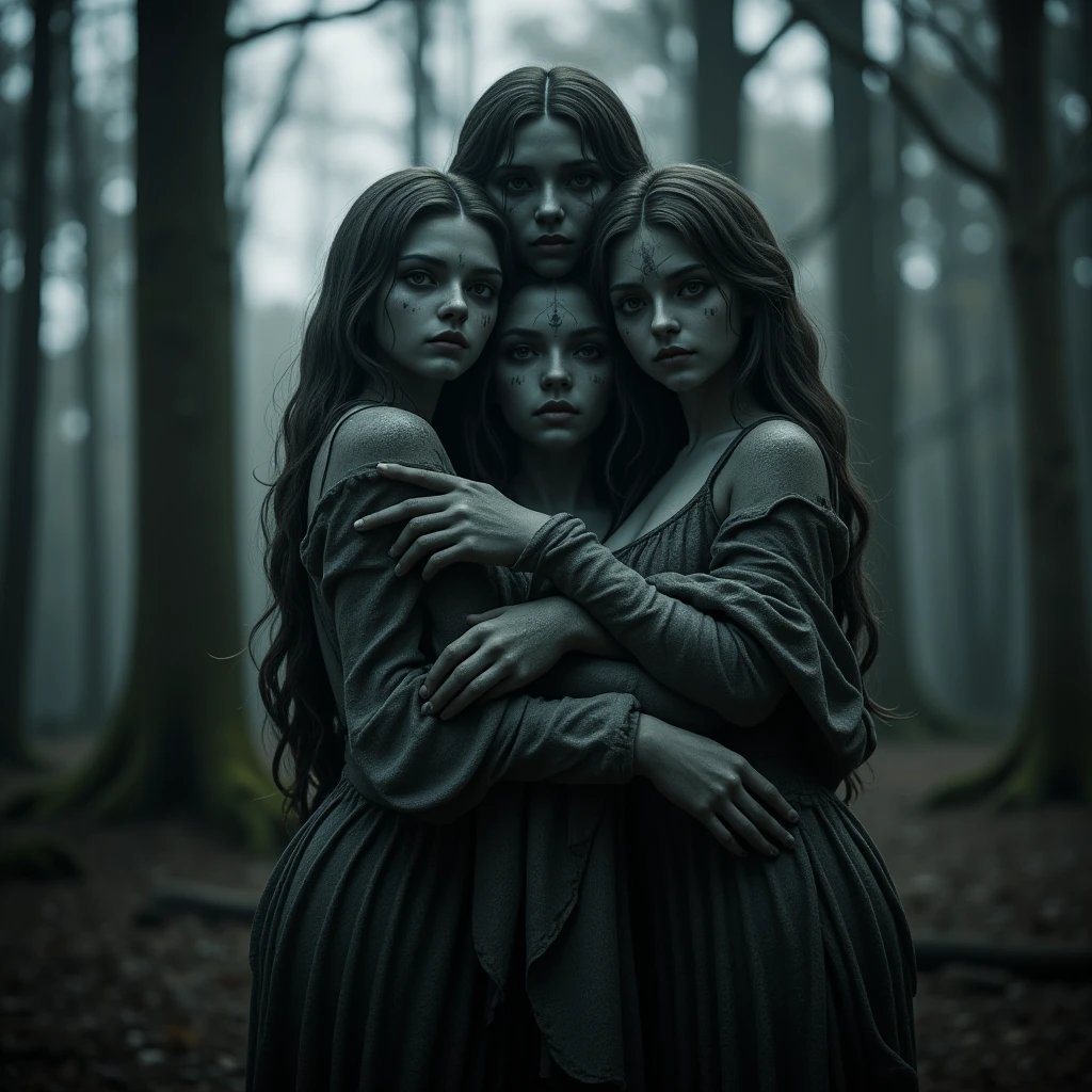  Cursed statue in the deep forest 、Dark grey stone statue designed with several young women wearing clothes hugging each other、 beautiful face and eyes in every detail 、emotional smile 、 Dark Fantasy 、Structure of the film、 best quality 、4K、8k、 High Resolution 、masterpiece、Ultra-detailed、 real 、 photorealistic、 Photo - Realistic 、 concept art